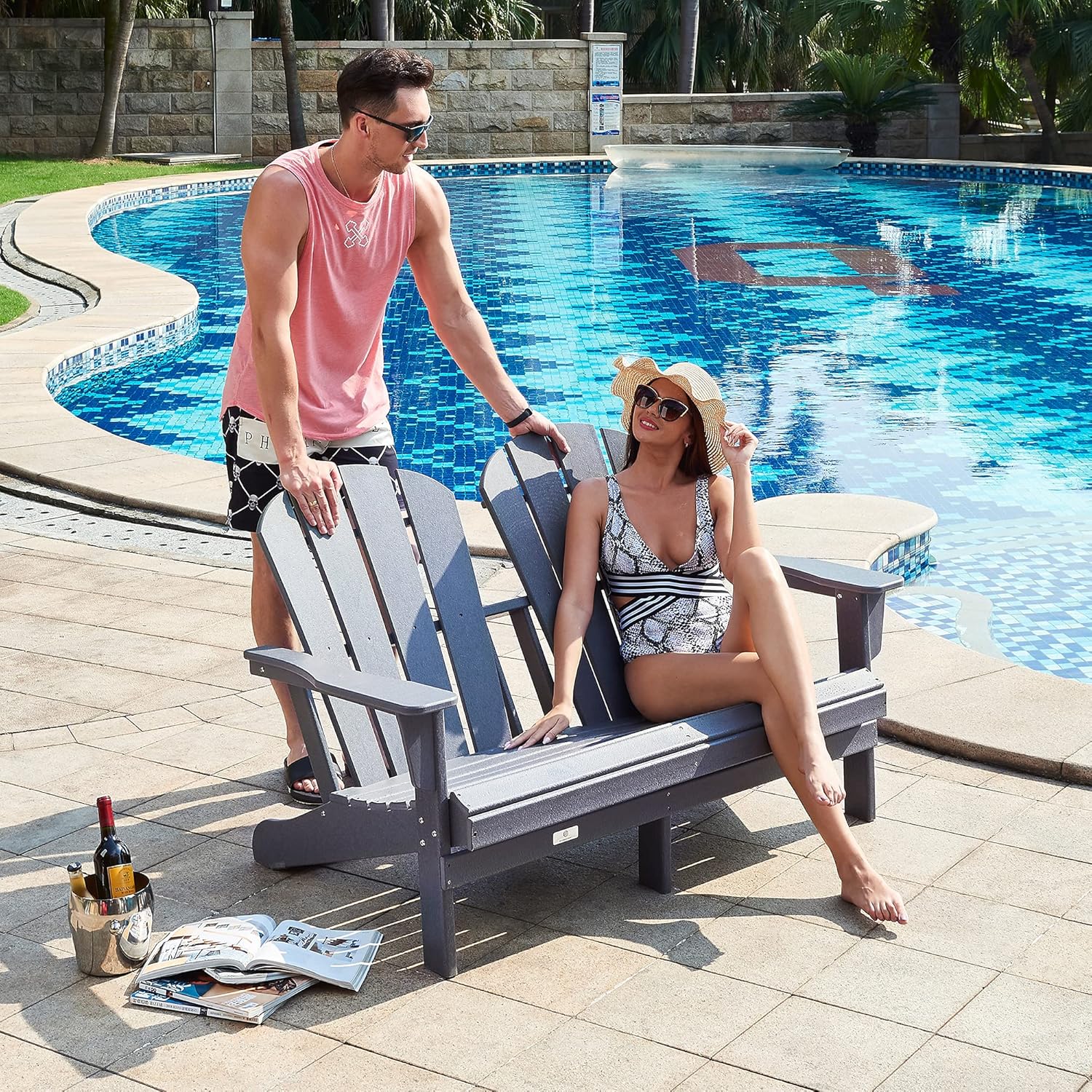 Ehomexpert All-Weather Outdoor Adirondack Chair Loveseat Double Patio Chair, HDPE Poly Lumber Classic Adirondack Bench for Fire Pit & Garden,Slate Grey