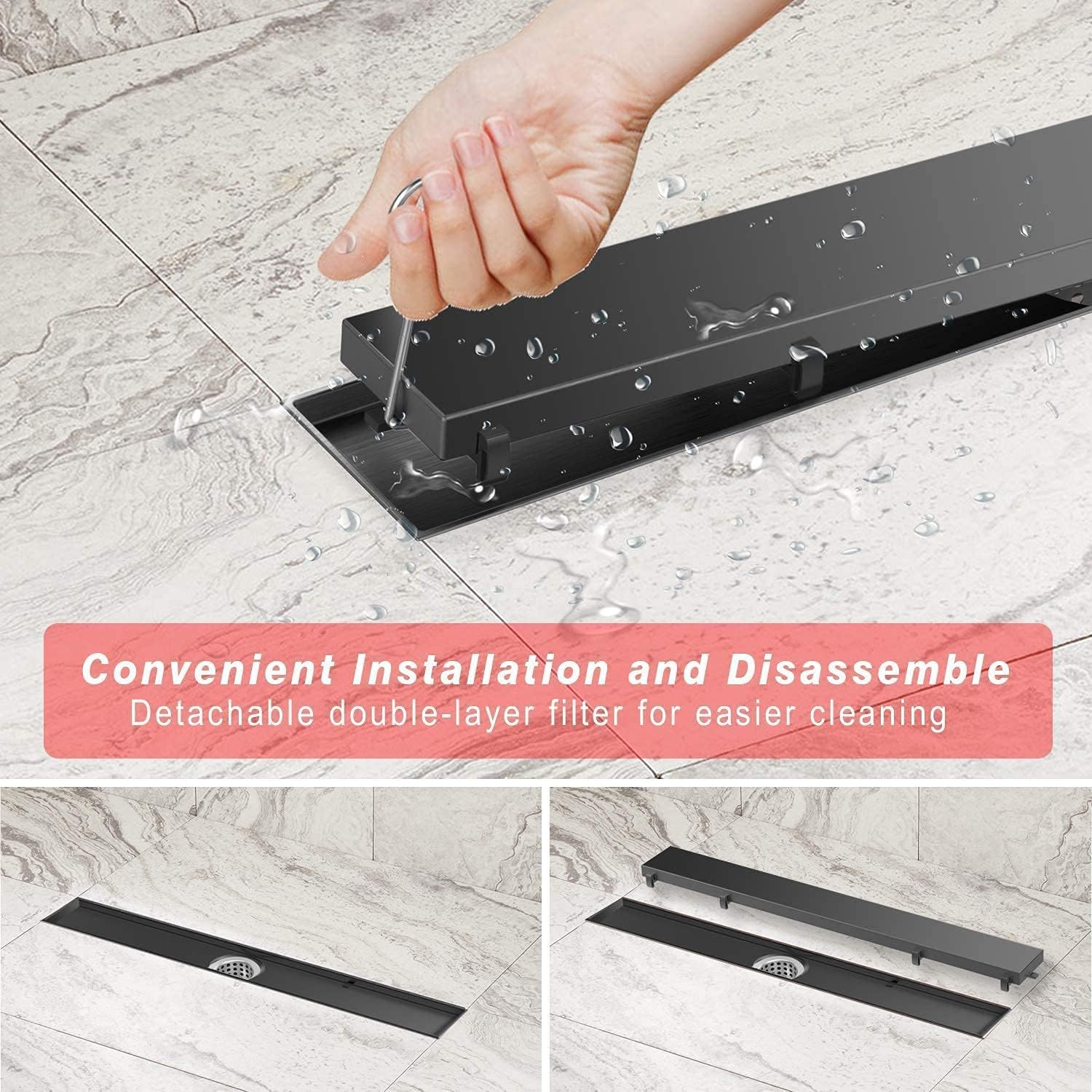 BARONAGE 36-Inch Linear Shower Drain, 2-in-1 Flat & Tile Insert Cover,Brushed SUS 304 Stainless Steel Matte Black Rectangle Shower Floor Drain Adjust