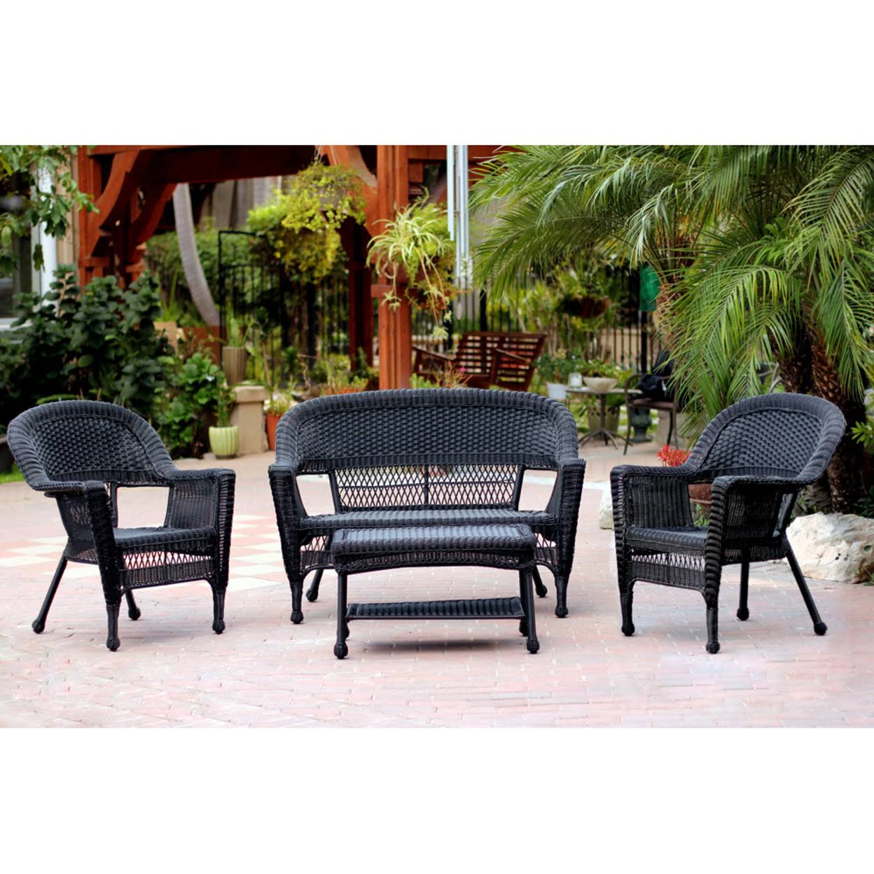 Jeco W00207-G 4 Piece Black Wicker Conversation Set