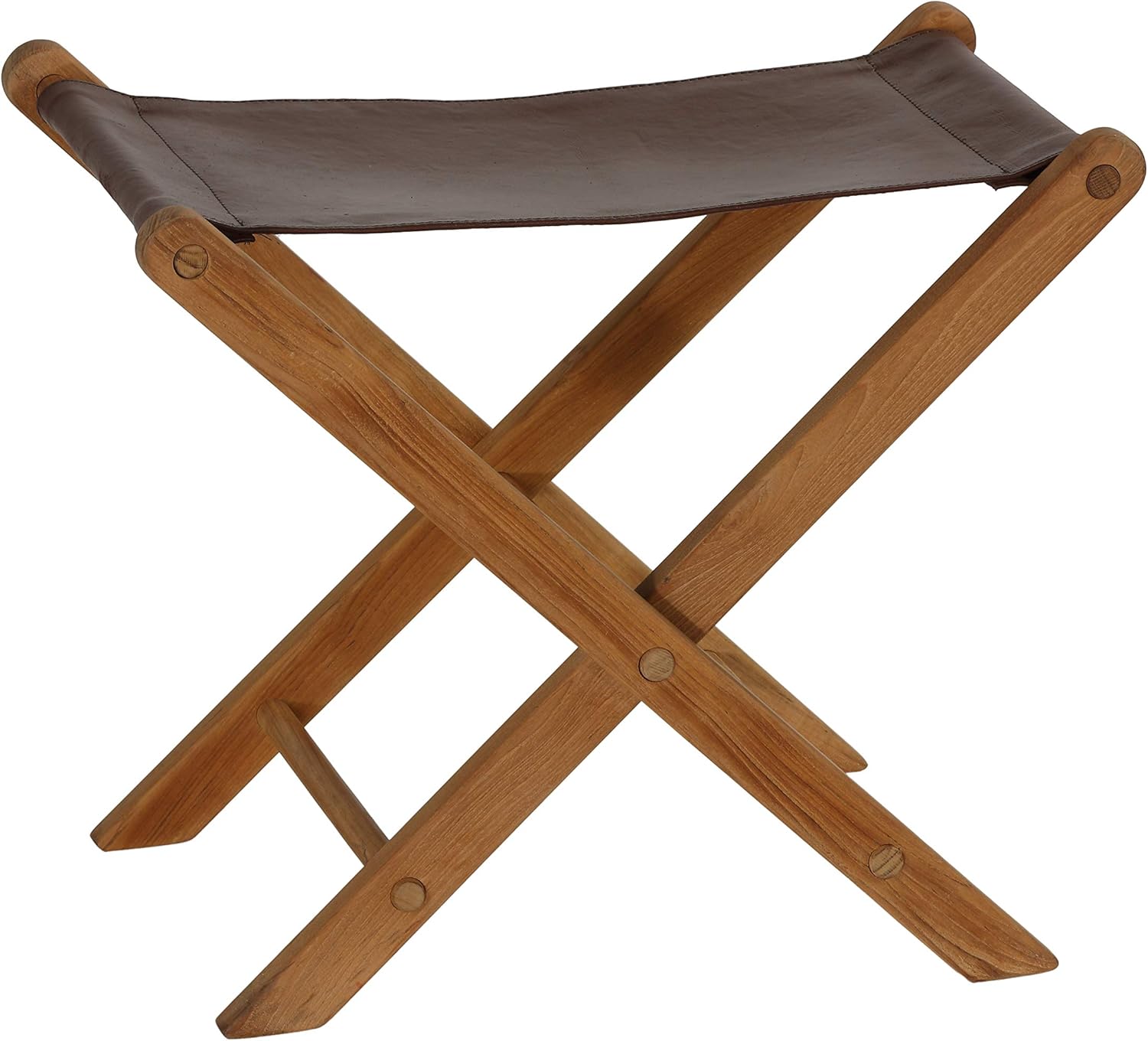 Bare Decor Davie Teak and Leather Folding Accent Stool, 18