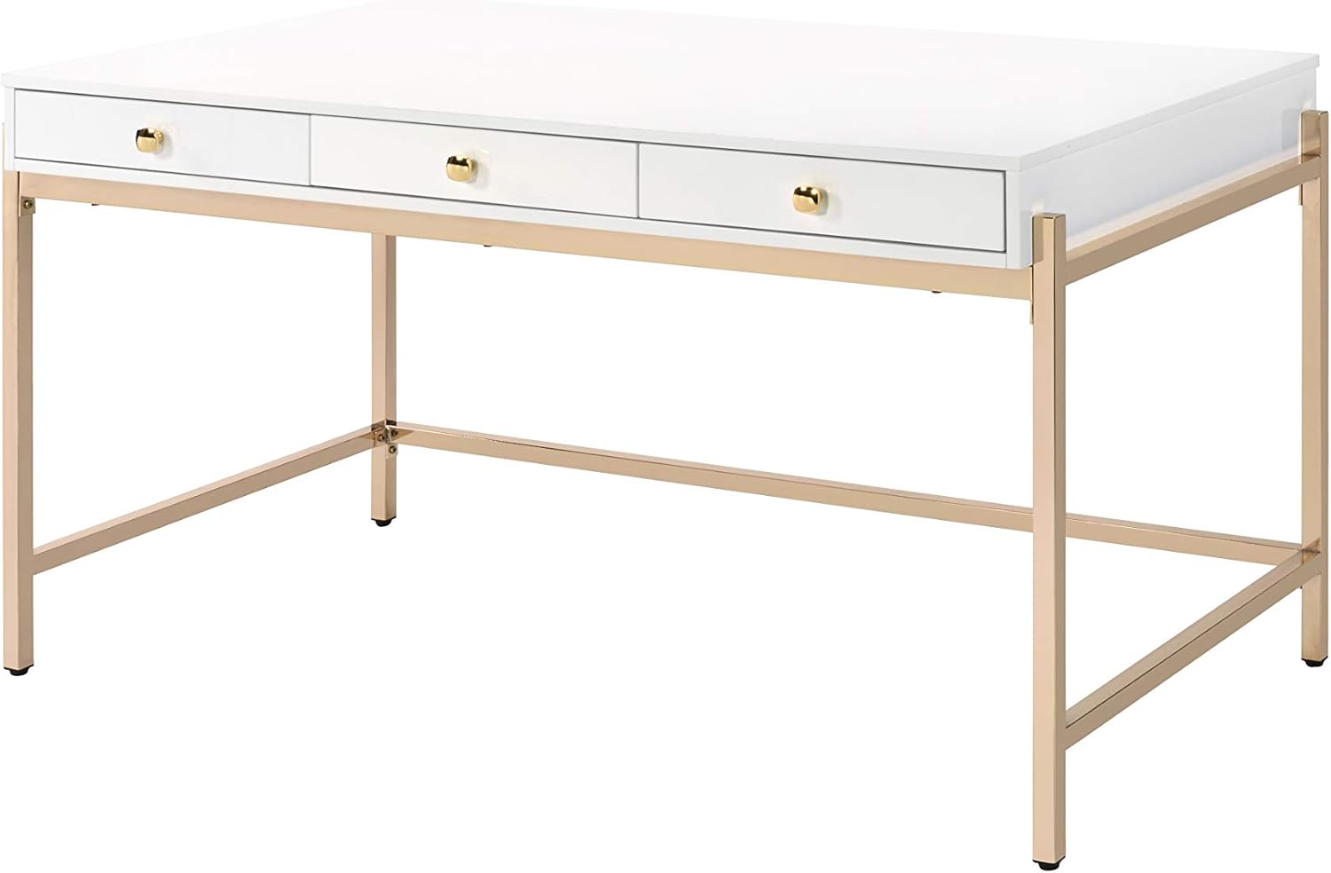 Acme Furniture Ottey Desk, White High Gloss & Gold