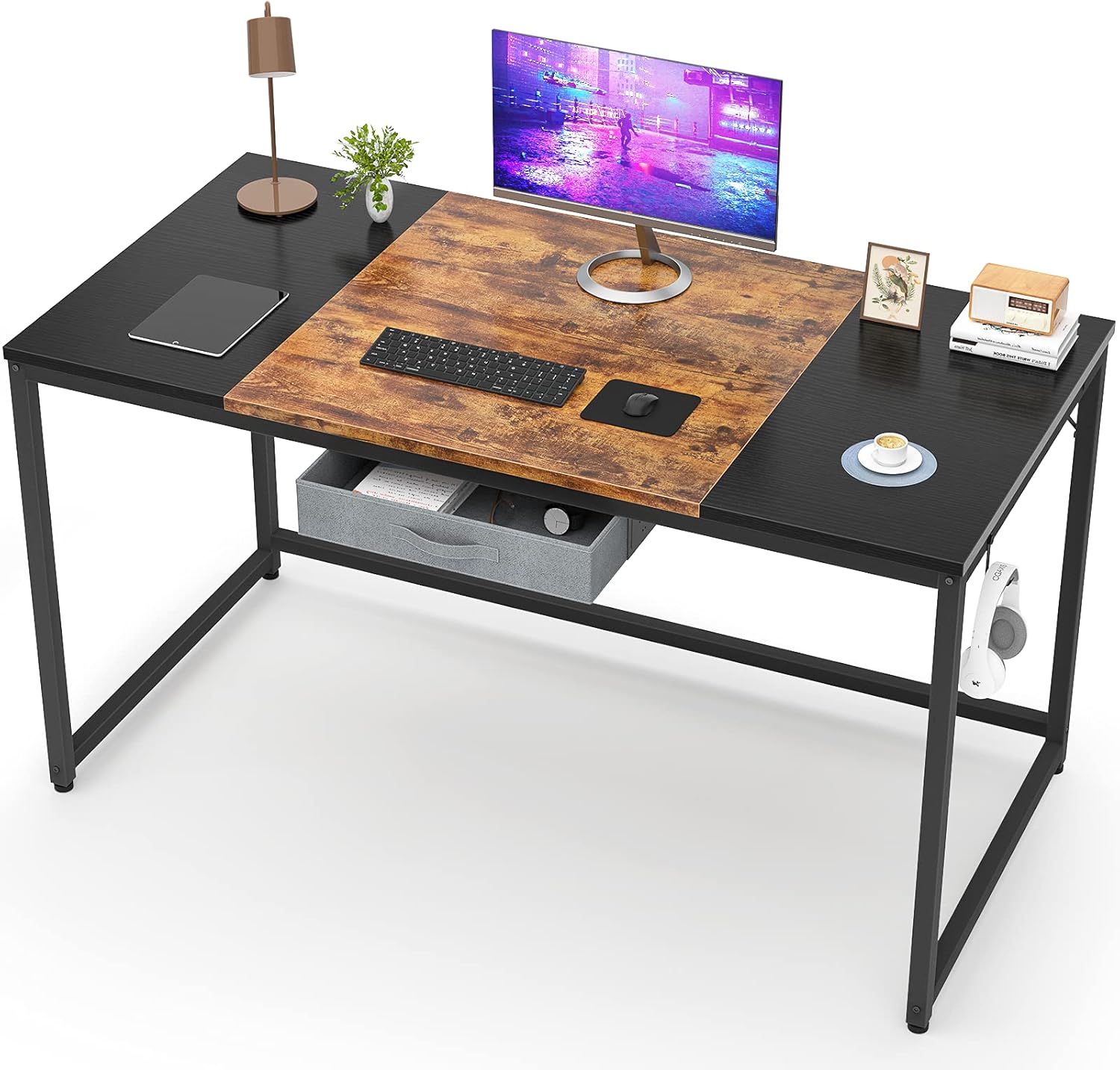 Armocity Computer Desk with Drawer, 47 Inch Industrial Home Office Desk with Hook, Modern Simple Style Laptop PC Desk with Splice Board, Rustic and Black