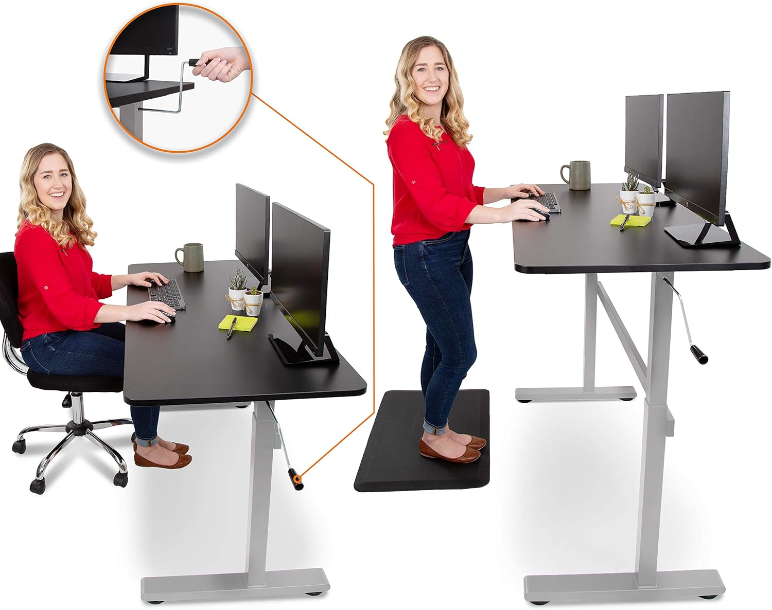 Stand Steady Tranzendesk 55 Inch Standing Desk | Easy Crank Height Adjustable Sit to Stand Workstation | Modern Ergonomic Desk Supports 3 Monitors | Great for Home & Office! (Black Top/Silver Frame)