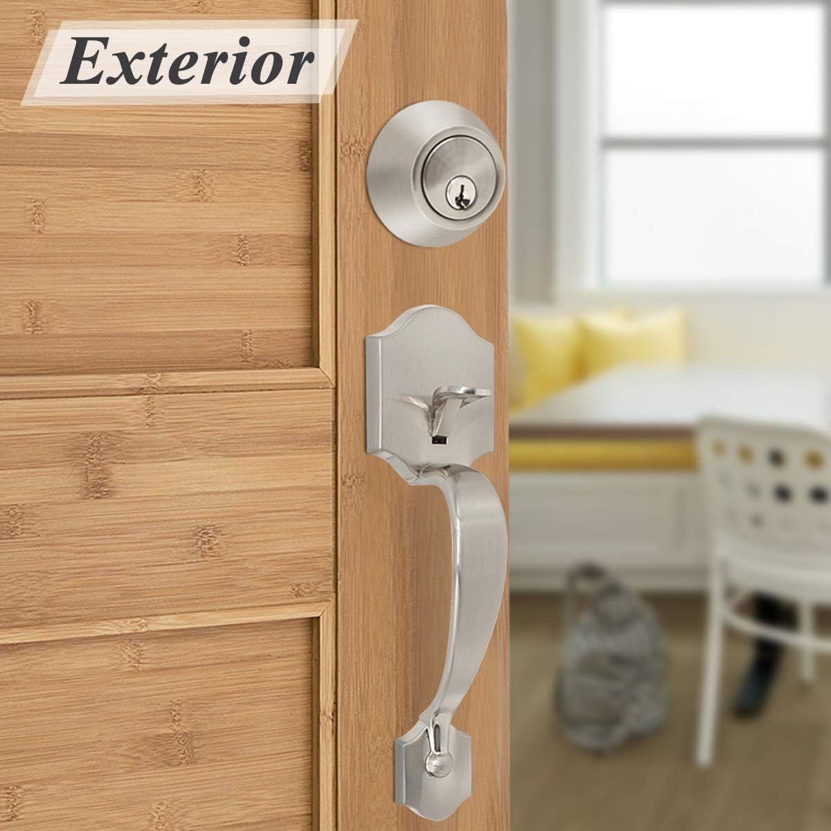 Probrico Exterior Door Lock Set Brushed Nickel with Deadbolt, Double Cylinder Handleset Hardware with Two Keyhole, Transitional Contemporary Style Modern Lockset Pack of 2