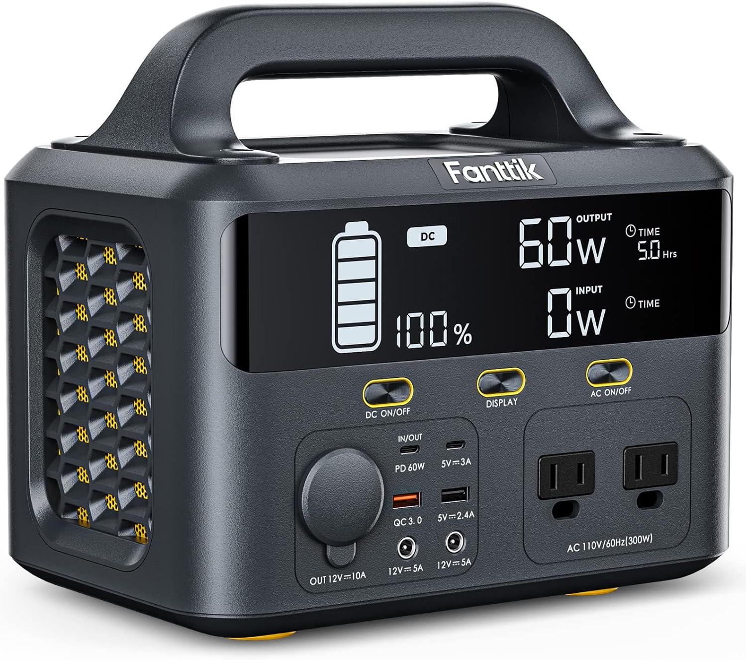 Fanttik EVO 300 Portable Power Station, 299Wh Backup Power Supply, Ultra Large Digital Screen, 2 AC 110V/300W(Peak 600W) Pure Sine Wave Outlets, for Outdoors Camping Travel Hunting RV Home Emergency