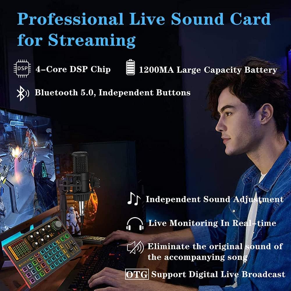 Sound Mixer Board, LED Light Voice Changer Sound Card with Multiple Sound Effects - Live Sound Card for Live Streaming, Audio Mixer for Music Recording Karaoke Singing Broadcast on Cell Phone Computer Pack of 2
