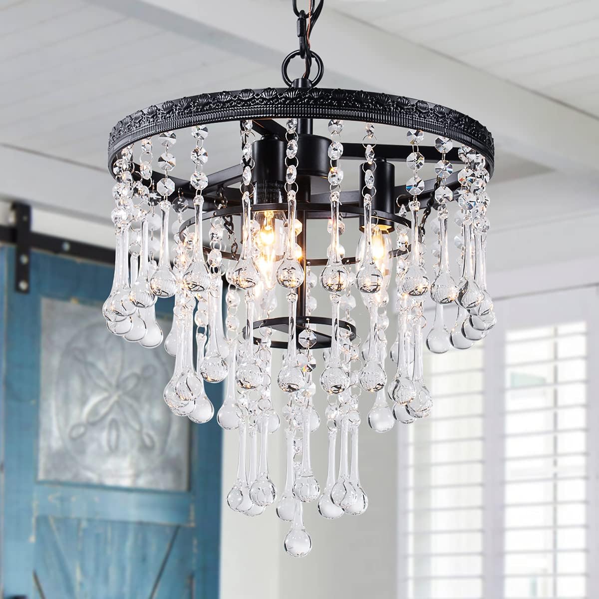VILUXY Modern Crystal Chandelier French Pendant Light Black Finishing for Bedroom, Kitchen Island, Girl Room 3-Light