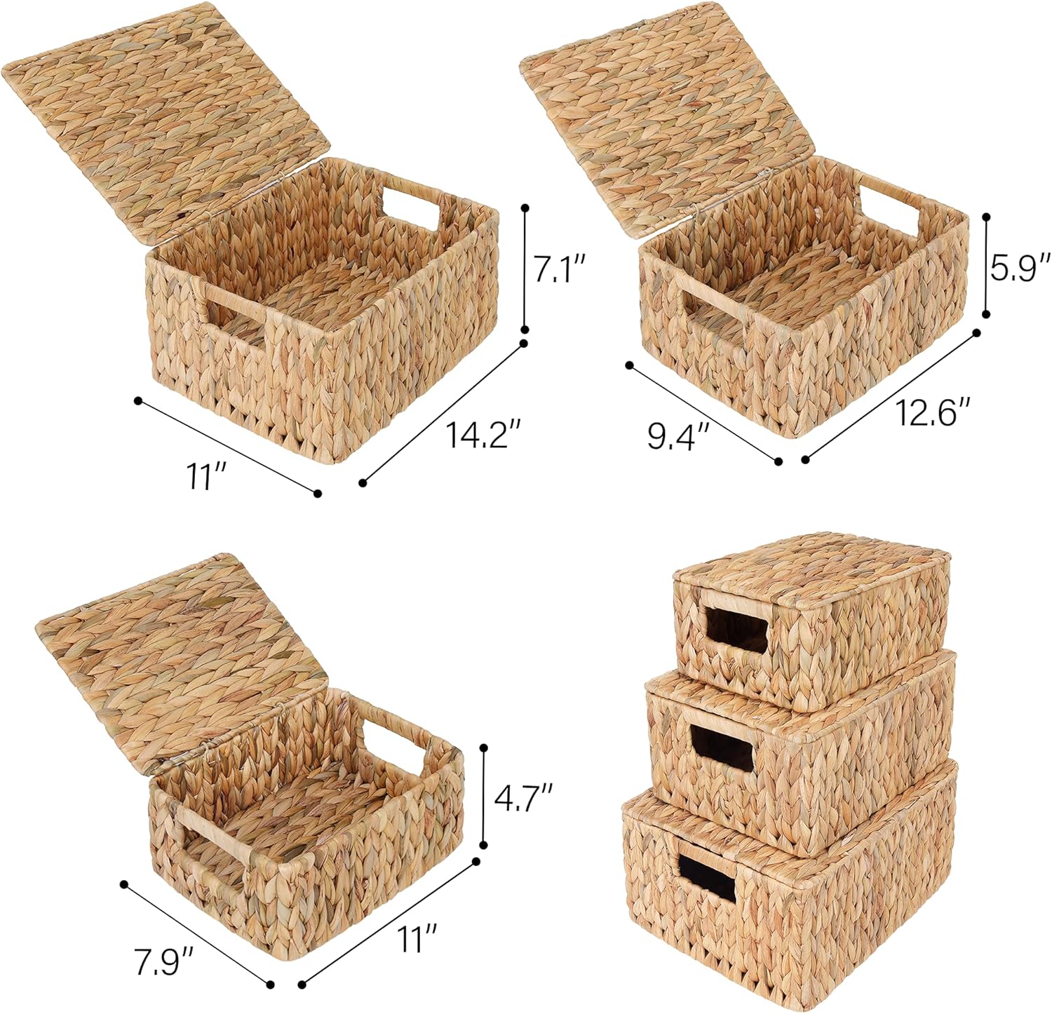 StorageWorks Rectangular Wicker Baskets for Organizing, Water Hyacinth Storage Baskets with Lids and Built-in Handles, Set of 3 (Large & Medium & Small) Pack of 2