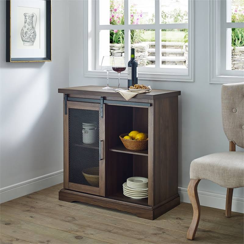 Pemberly Row 32x22 Farmhouse Mesh Door Wood Accent Chest in Dark Walnut