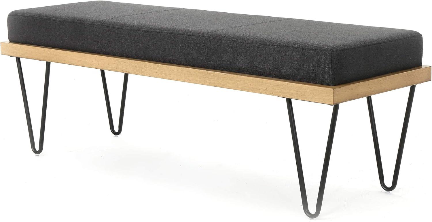 Christopher Knight Home Elisha Industrial Modern Fabric Bench, Dark Charcoal / Matte Black