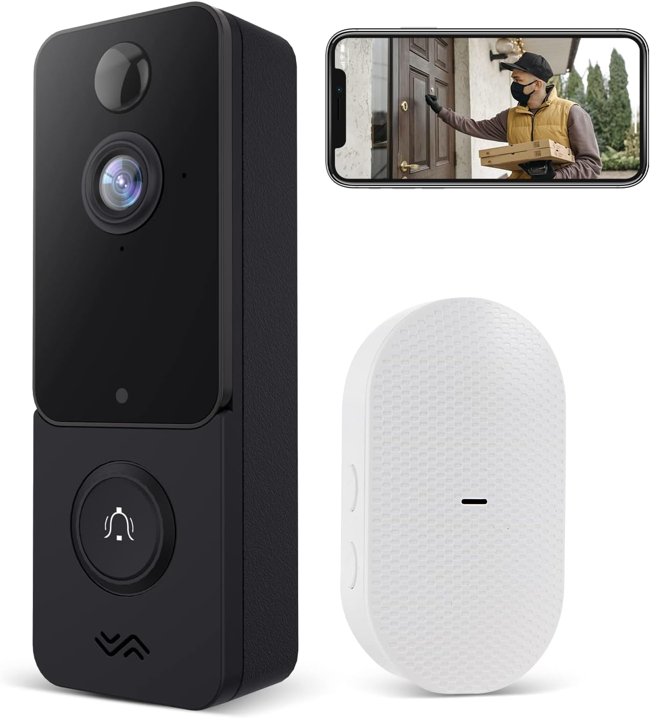 JeaTone Wireless Video Doorbell , WiFi Camera Doorbell with Chime ,140&deg;Wide Angle View，1080P FHD, PIR Motion Detection, Night Vision, 2-Way Audio, Cloud Storage，Aiwit APP for iOS,Android.（Black）