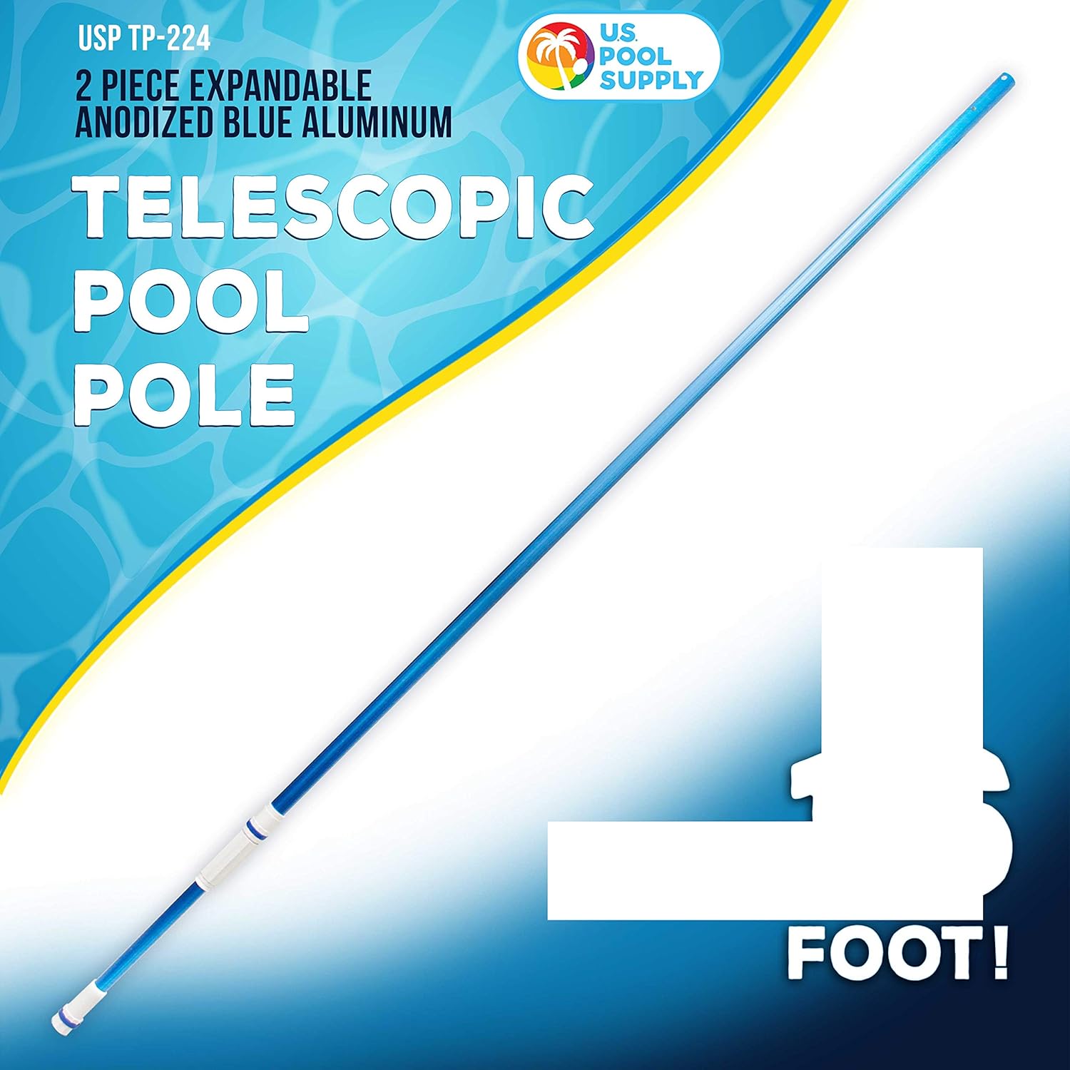 U.S. Pool Supply Professional 16 Foot Blue Anodized Aluminum Telescopic Swimming Pool Pole, Adjustable 2 Piece Expandable Step-Up - Attach Connect Skimmer Nets, Rakes, Brushes, Vacuum Heads with Hoses