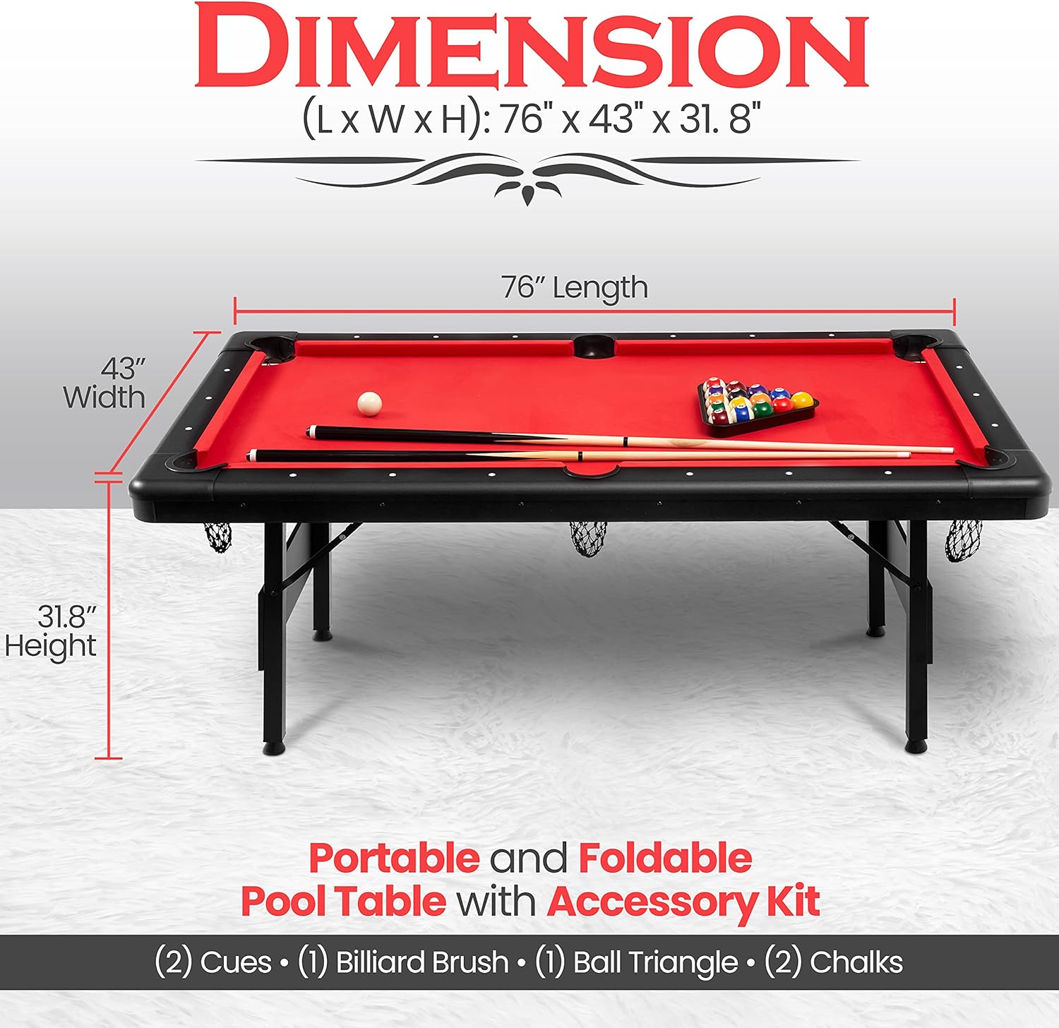 Portable 6 Ft. Pool Table - Compact Design with 18 Aiming Points, Low Friction Surface, Space Saving, Adjustable Feet, Locking Leg Safety, and Complete Accessory Kit - SereneLife SLPO730 , Red