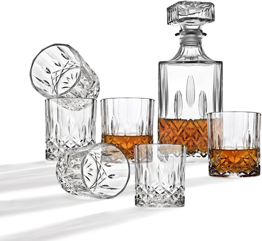 Whiskey Decanter And Glasses Bar Set, Includes Whisky Decanter And 6 Cocktail Glasses - 7 Piece Set Pack of 2