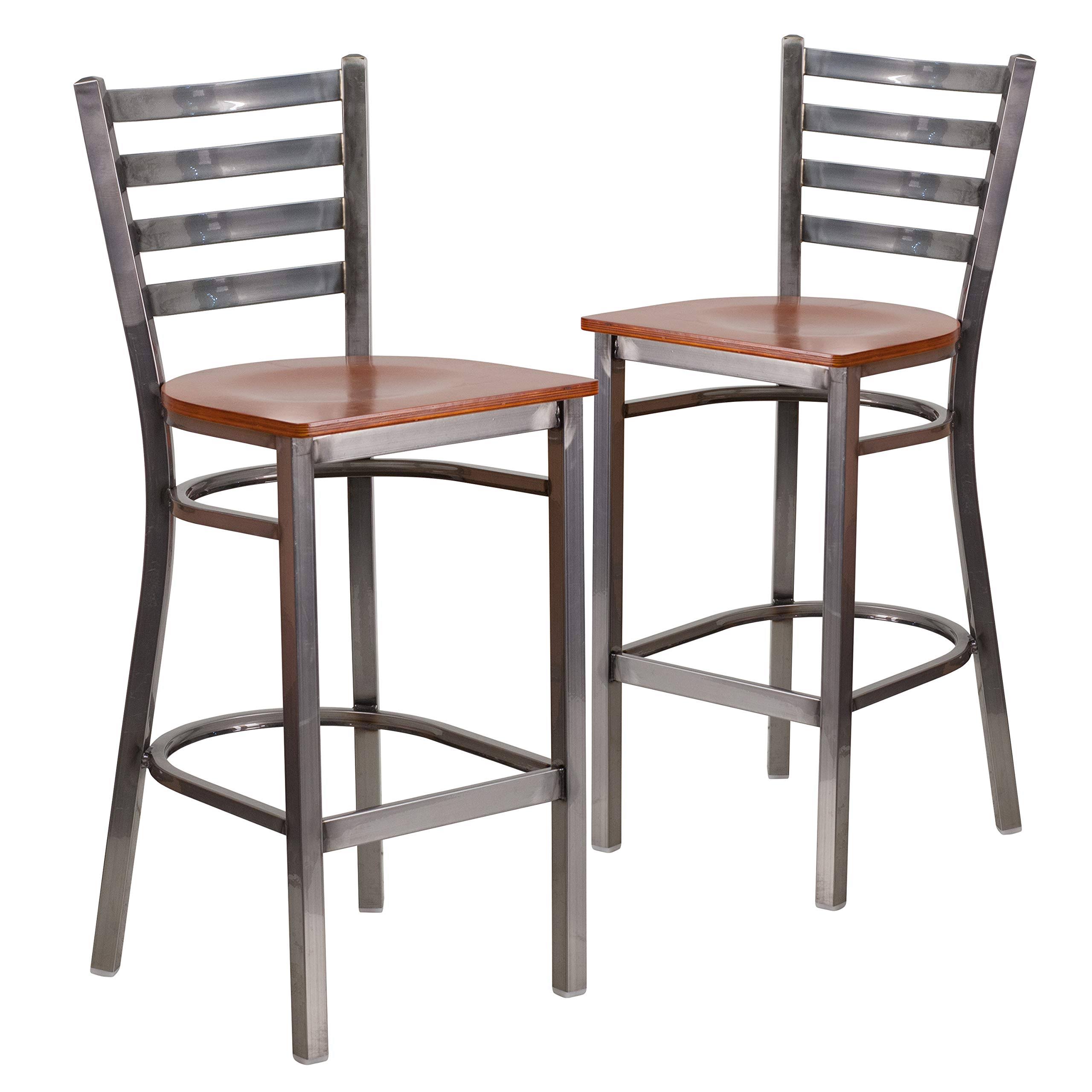 Flash Furniture 2 Pack Hercules Series Clear Coated Ladder Back Metal Restaurant Barstool - Cherry Wood Seat