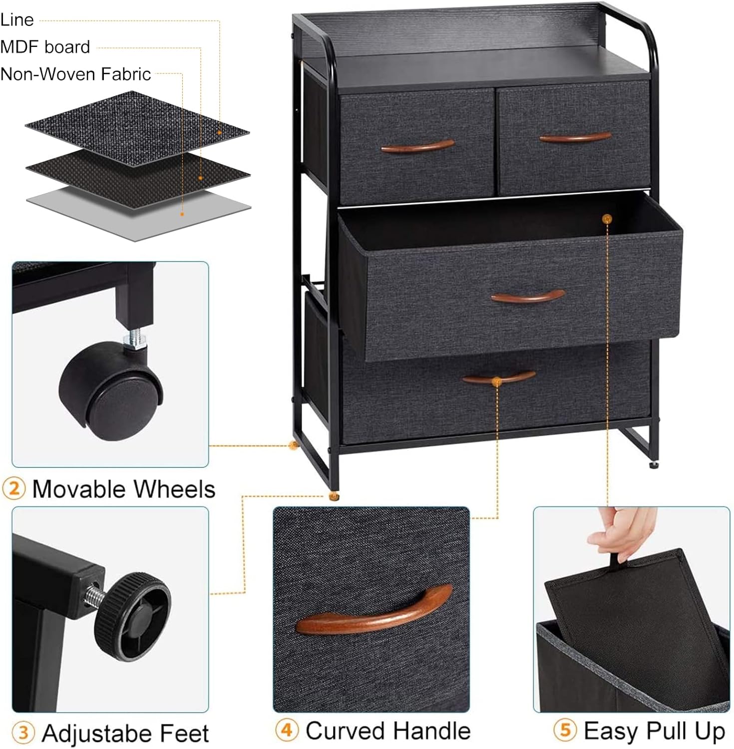 ECOTOUGE Dresser for Bedroom with 4 Drawers, Fabric Dresser Tower for Closets, Living Room, Hallway- Sturdy Steel Frame, Black Wooden Top (Grey)