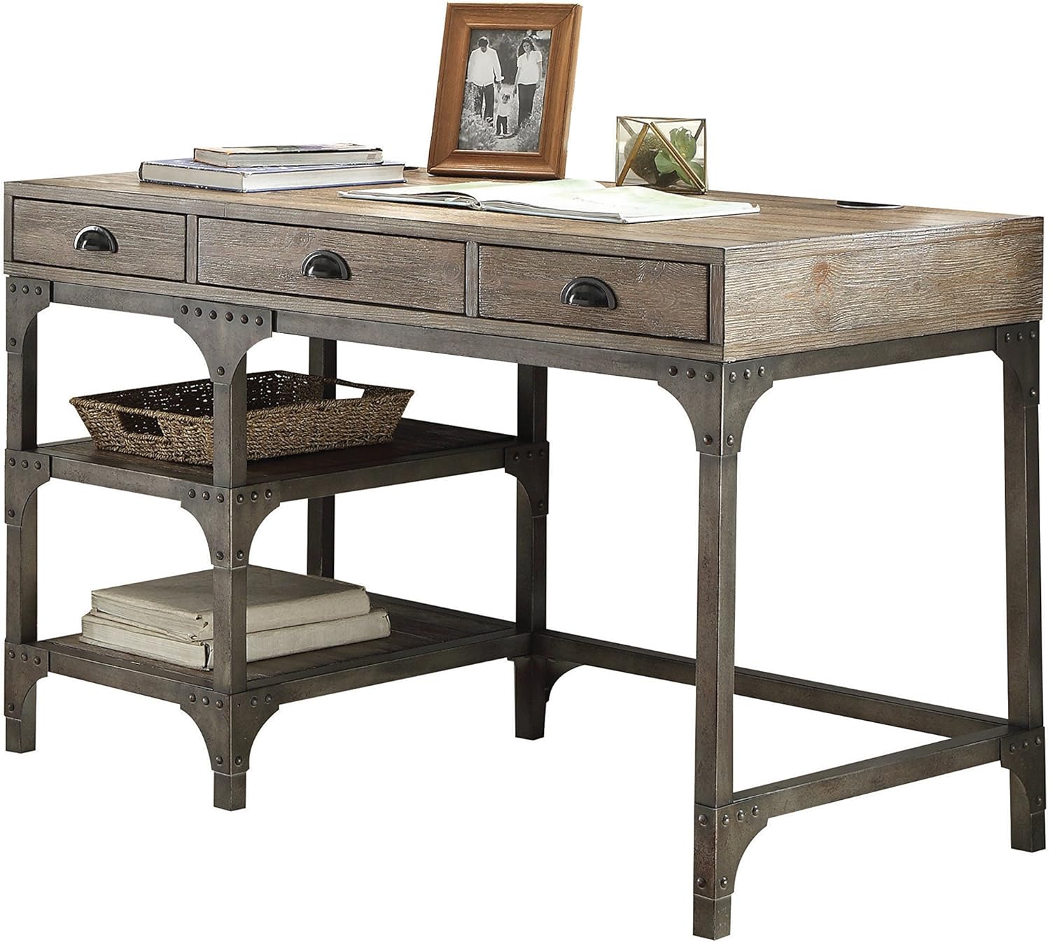 ACME Furniture Acme Gorden Desk, Weathered Oak & Antique Silver