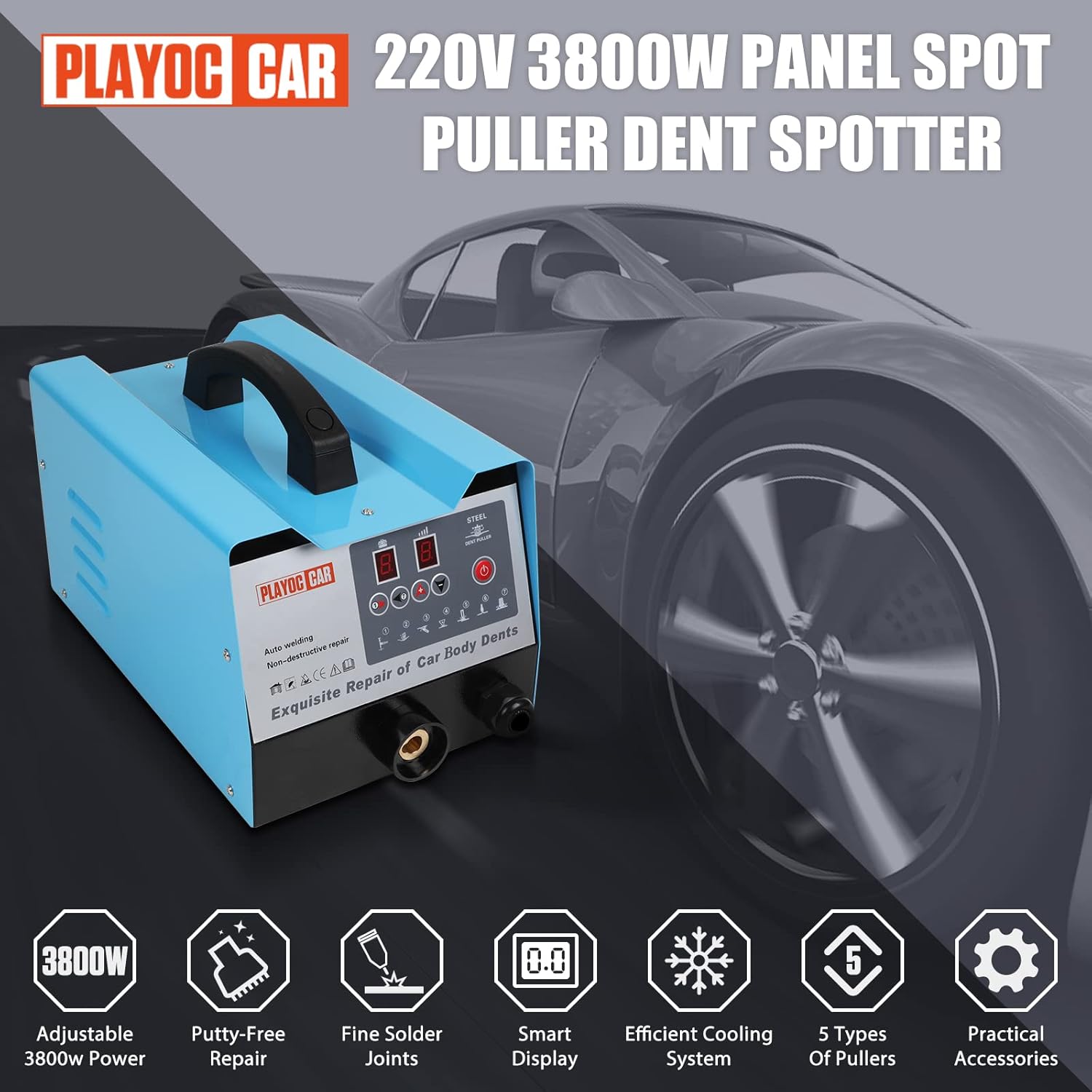 PLAYOCCAR Vehicle Panel Spot Puller Dent Spotter, 110V 3800A Stud Welding Machine, 7 Modes & No Putty Car Body Dents Repair Tool Kit