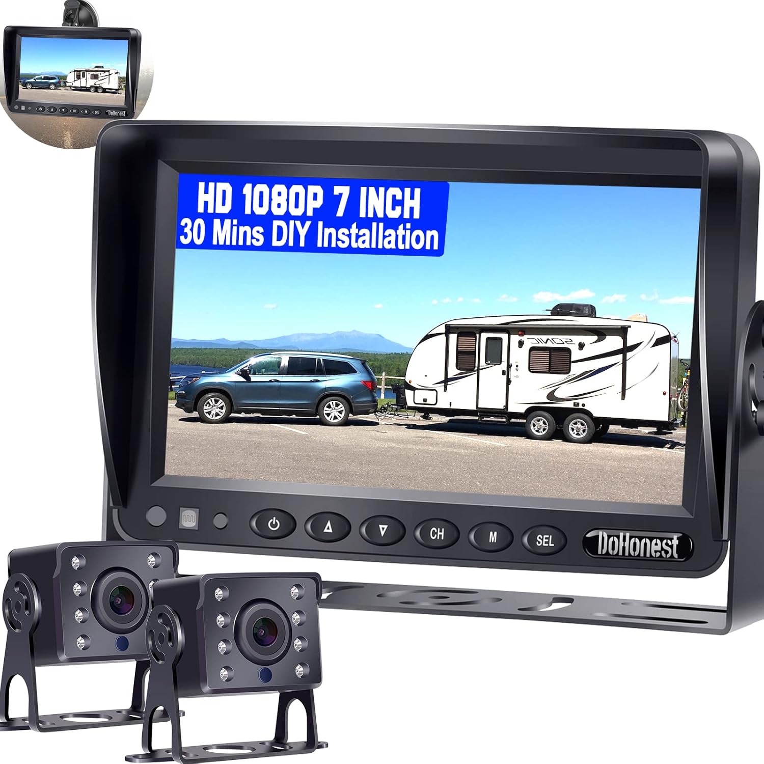 RV Backup Camera 7''LCD Monitor HD 1080P 2 Wired Rear View Cameras 30 Mins DIY Installation Adapter for Furrion Pre-Wired RV Truck Trailer Camper Infrared Night Vision Waterproof DoHonest P13