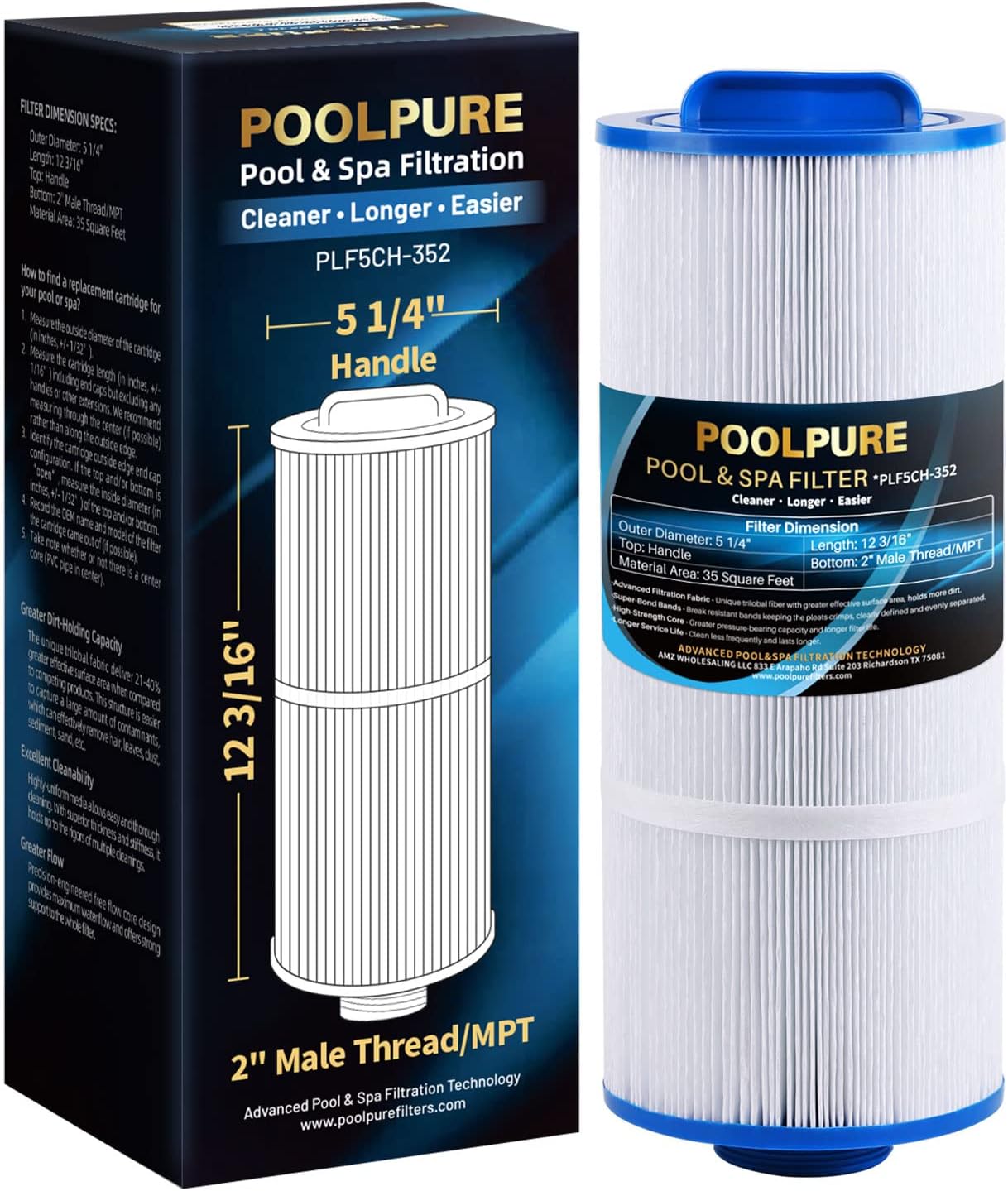POOLPURE 5CH-352 Spa Filter Replaces PPM35SC-F2M, Marquis Spa 20042, 20092, 70-0240, 370-0242, 370-0243, Filbur FC-0196, 2