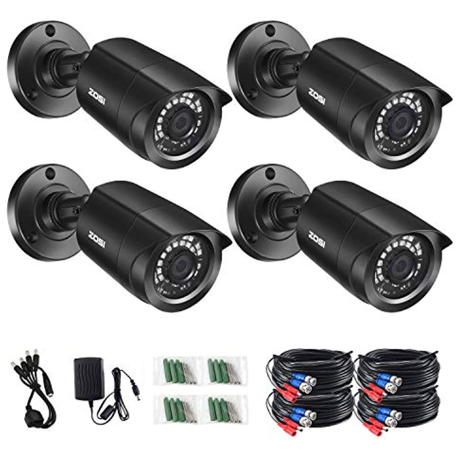 ZOSI 1080p 4 Pack HD-TVI Security Bullet Cameras Outdoor Indoor Weatherproof with 24pcs IR LEDs 80ft Night Vision for
