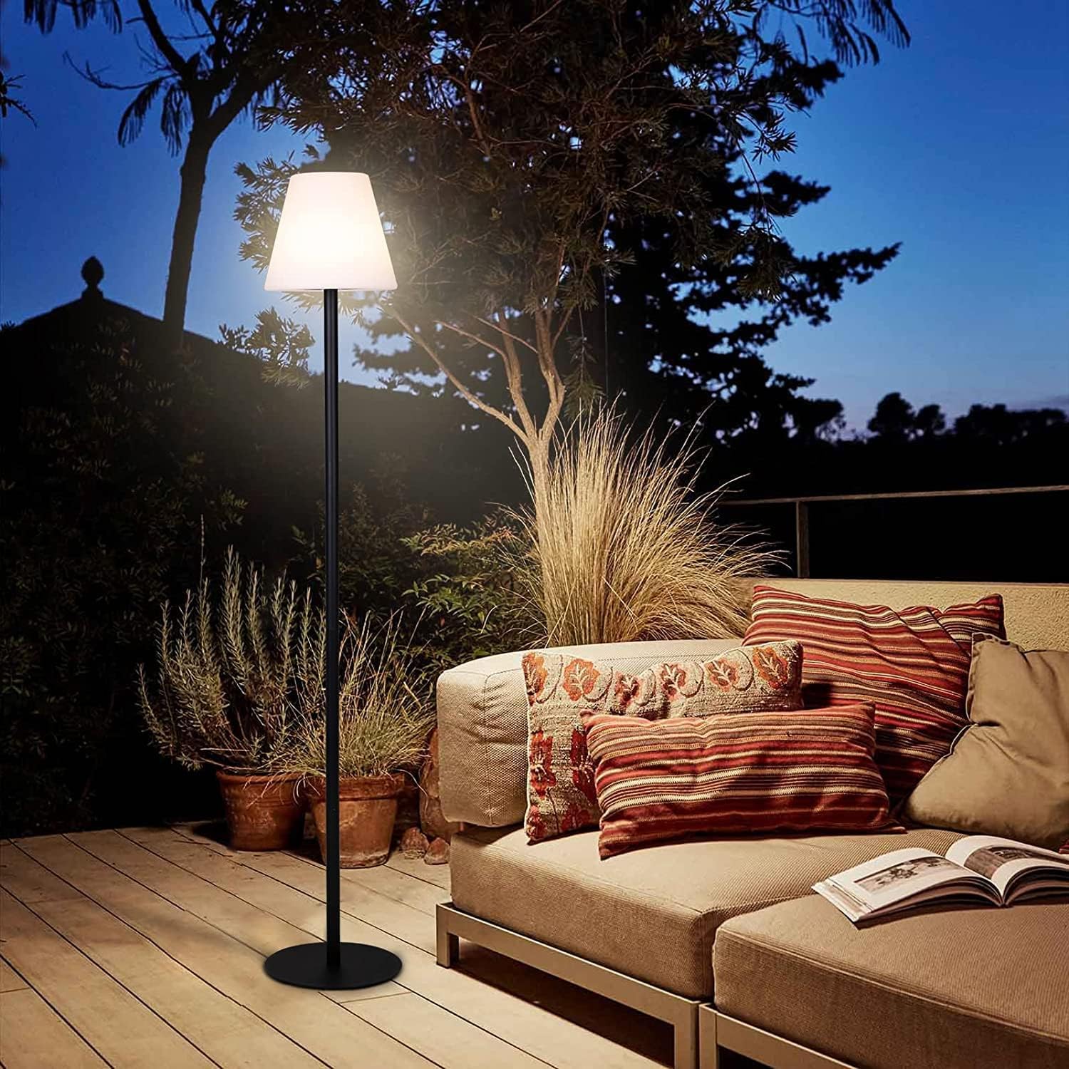 Outdoor Solar Floor Lamp Dimmable - IP65 Waterproof RGB Colorful Night Light for Patio, USB Rechargeable and Light Sensor, 57 Inch Height with Metal Stable Base, for Lawn, Yard or Porch, Black