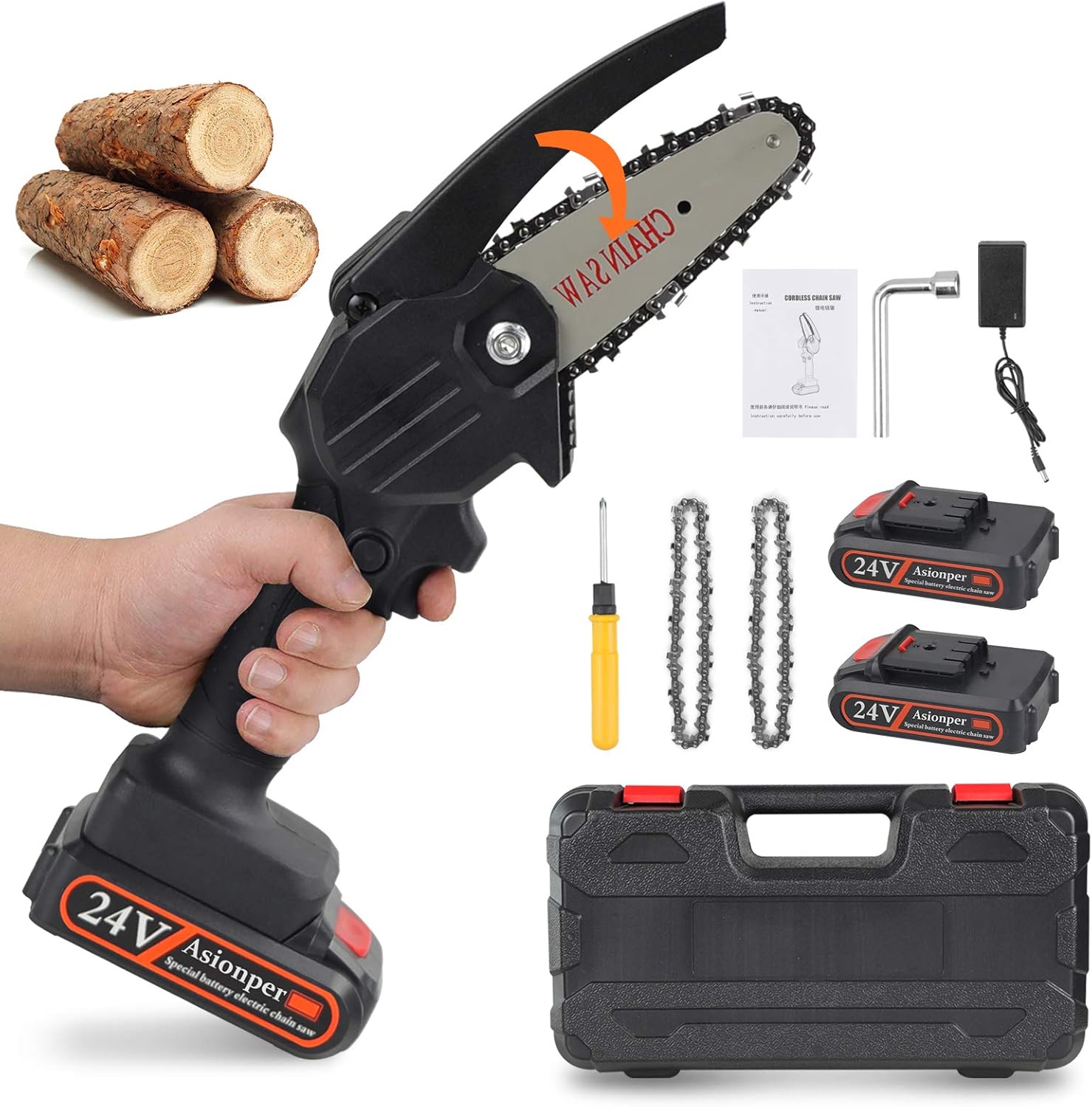 Mini Chainsaw, Mini Cordless Electric Chainsaw, 4 Inch Mini Chainsaw Portable Battery Chain Saw with 2Pcs Batteries & Chain Brushless Motor, 26V Electric Hand Chainsaw, Electric saws for Cutting Wood Pack of 2