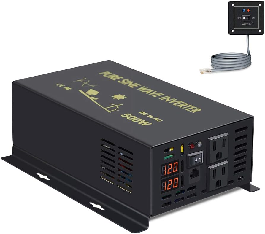 WZRELB Pure Sine Wave 500W Power Inverter 1000W Surge DC 12V to 110V 120v AC Power Converter with Remote Controller Digital LED Display Dual US Outlouts Car Adapter