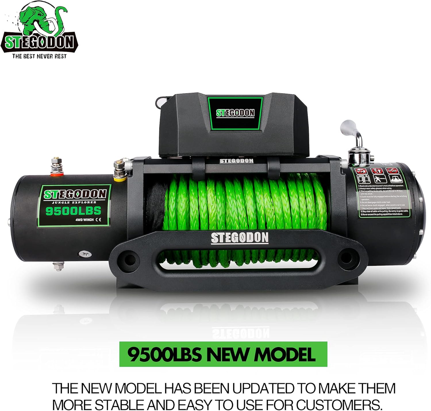 STEGODON New 9500 lb. Load Capacity Electric Winch S3,12V Waterproof IP67 Electric Winch with Hawse Fairlead, Synthetic Rope Winch with Wireless Handheld Remote and Wired Handle(Green-Rope)