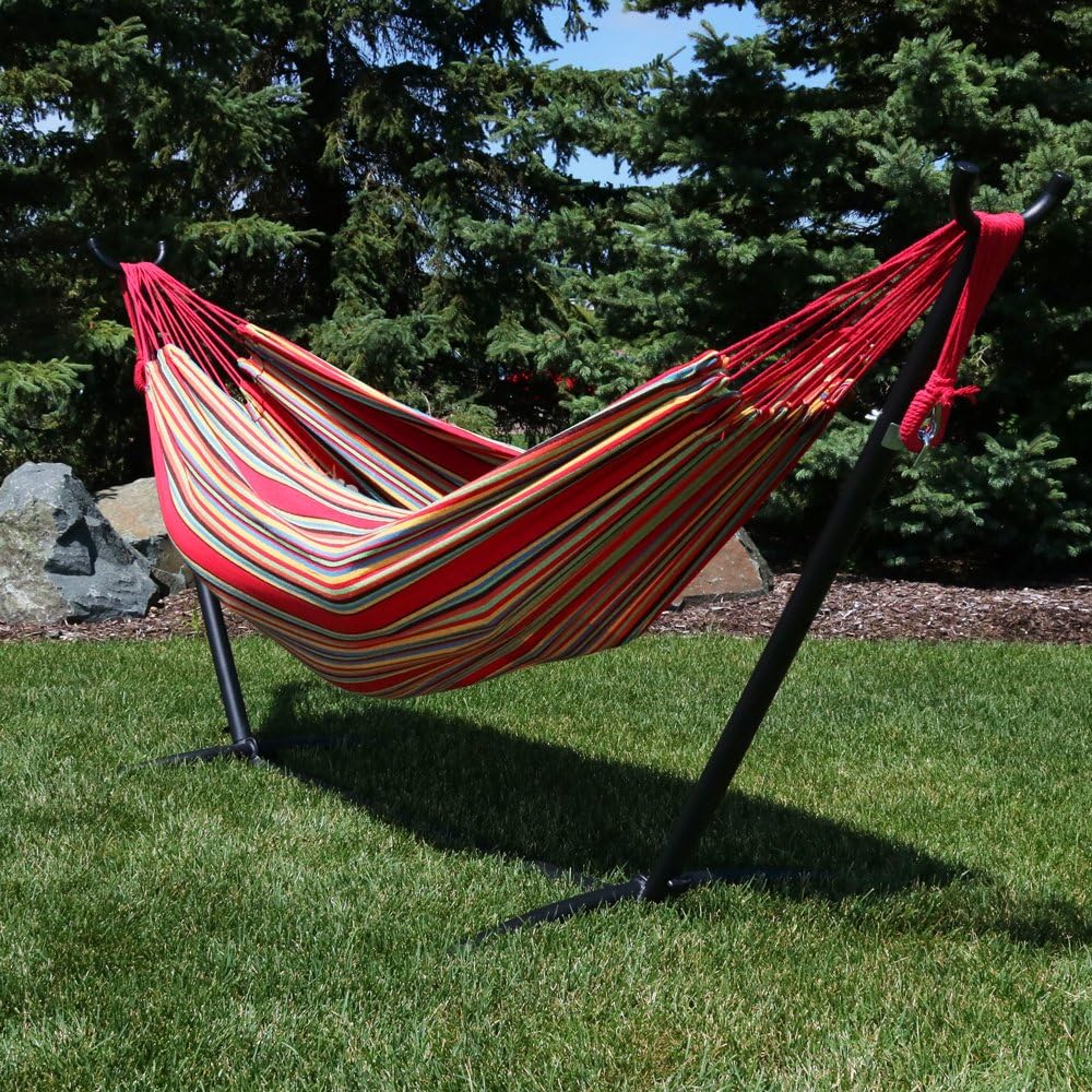 Sunnydaze Double Brazilian Hammock with Stand & Carrying Case - Large Two Person Hammock with Brazilian Stand - 400 Pound Capacity - Sunset