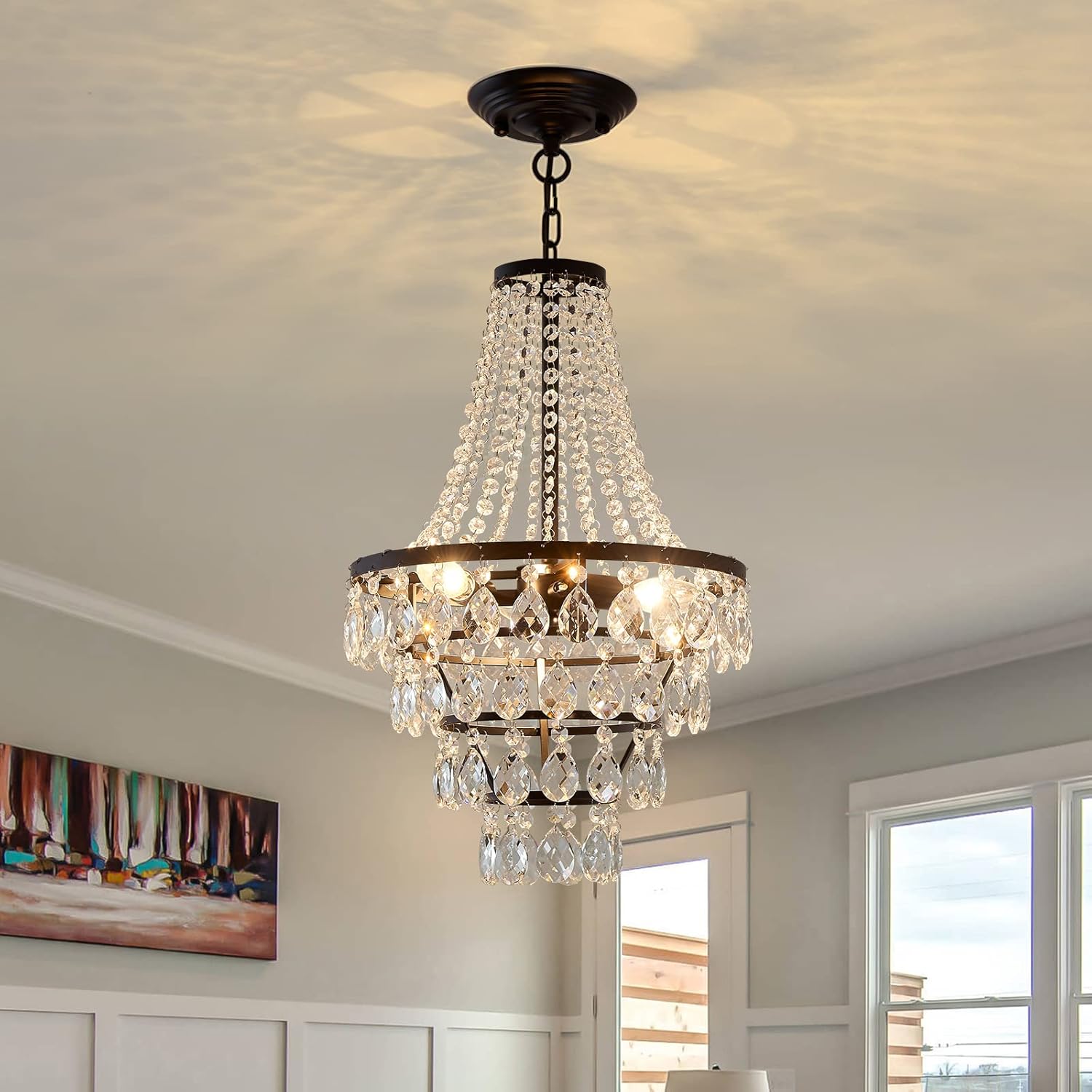 DAFKOS Modern Crystal Chandelier,3 Lights Semi Flush Mount Ceiling Light Fixture , Black Farmhouse Ceiling lamp for Bedroom Living Room Dining Room Entryway Hallway