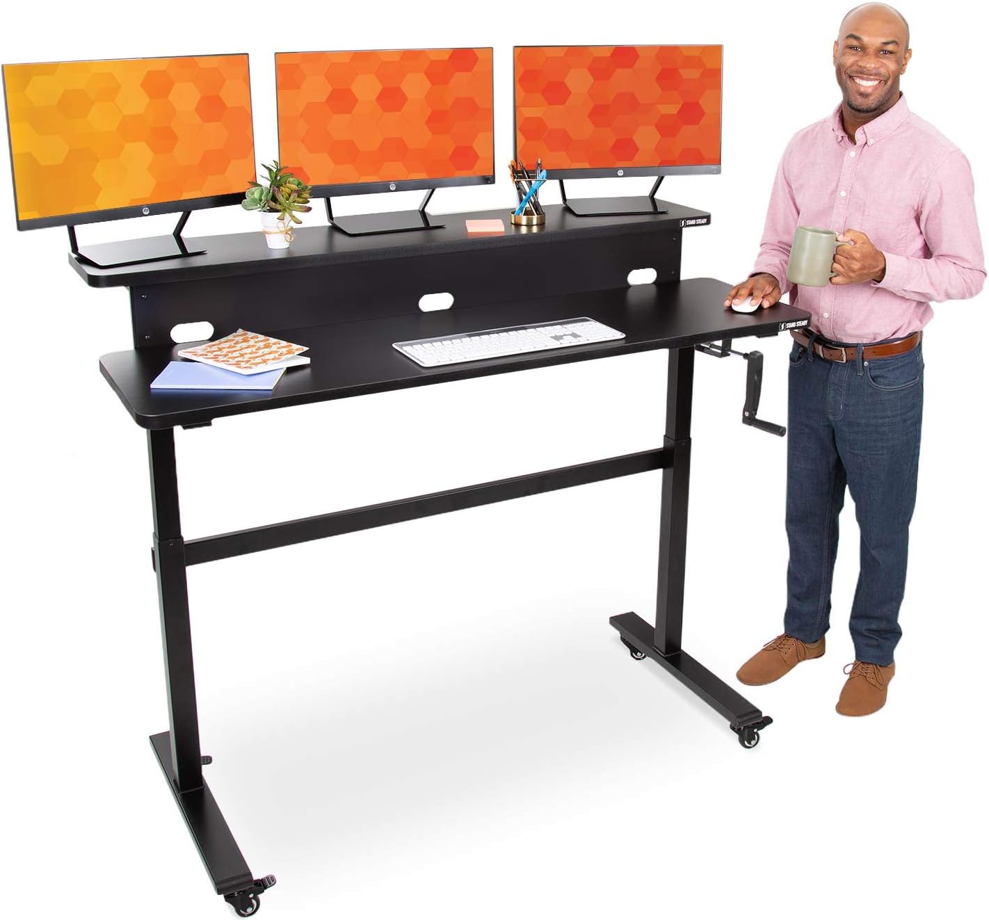Stand Steady Tranzendesk | 55 Inch Dual Level Standing Desk with Detachable Wheels | Front Crank Easy Manual Height Adjustable Sit to Stand Workstation | Stand Up Desk with Monitor Riser (55 / Black)