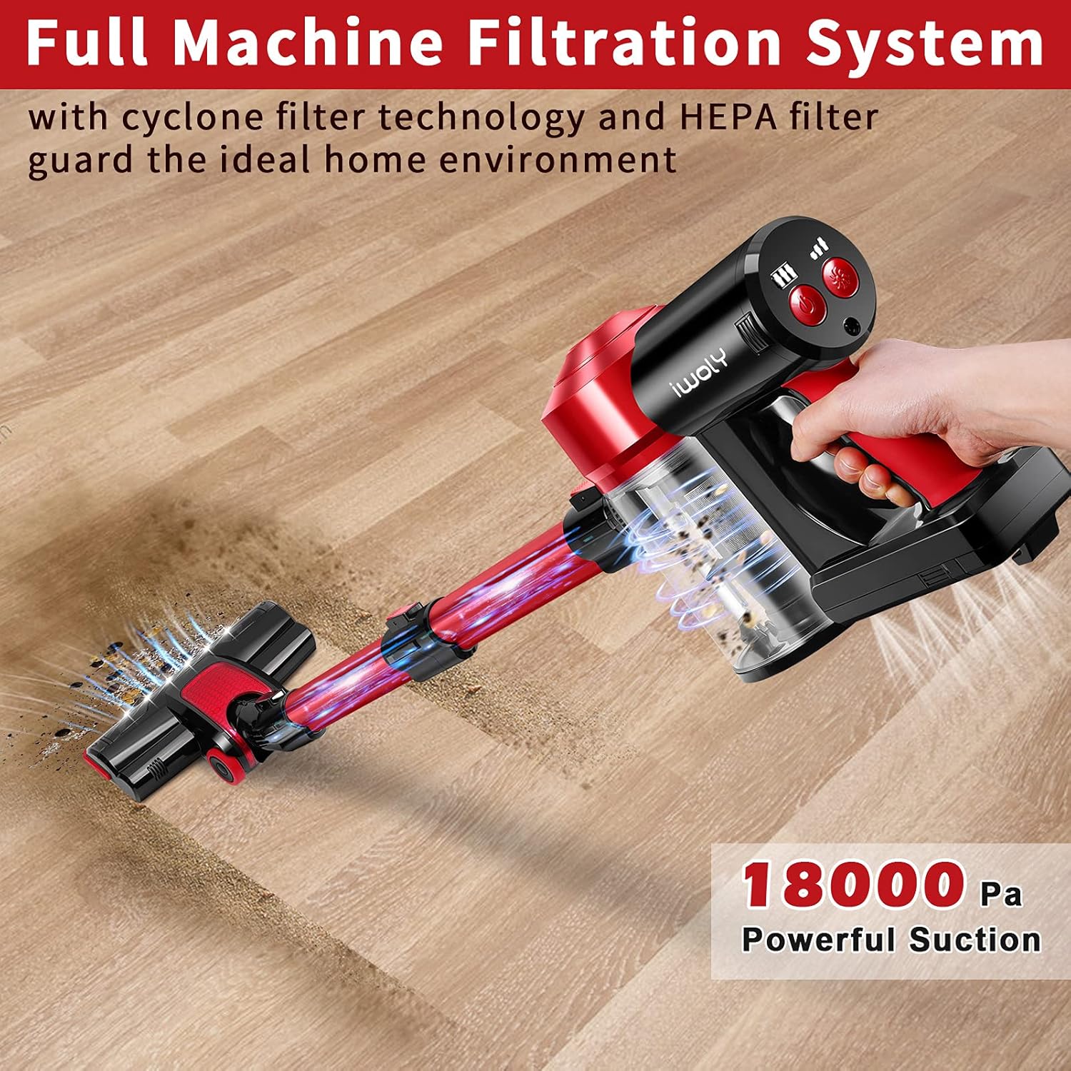 iwoly C150 Cordless Vacuum Cleaner Rechargeable with 2200mAh Detachable Battery, 18000Pa Cyclone Vacuum with HEPA Filter, 3 Modes, Portable Handheld Stick Vacuum for Hard Floors