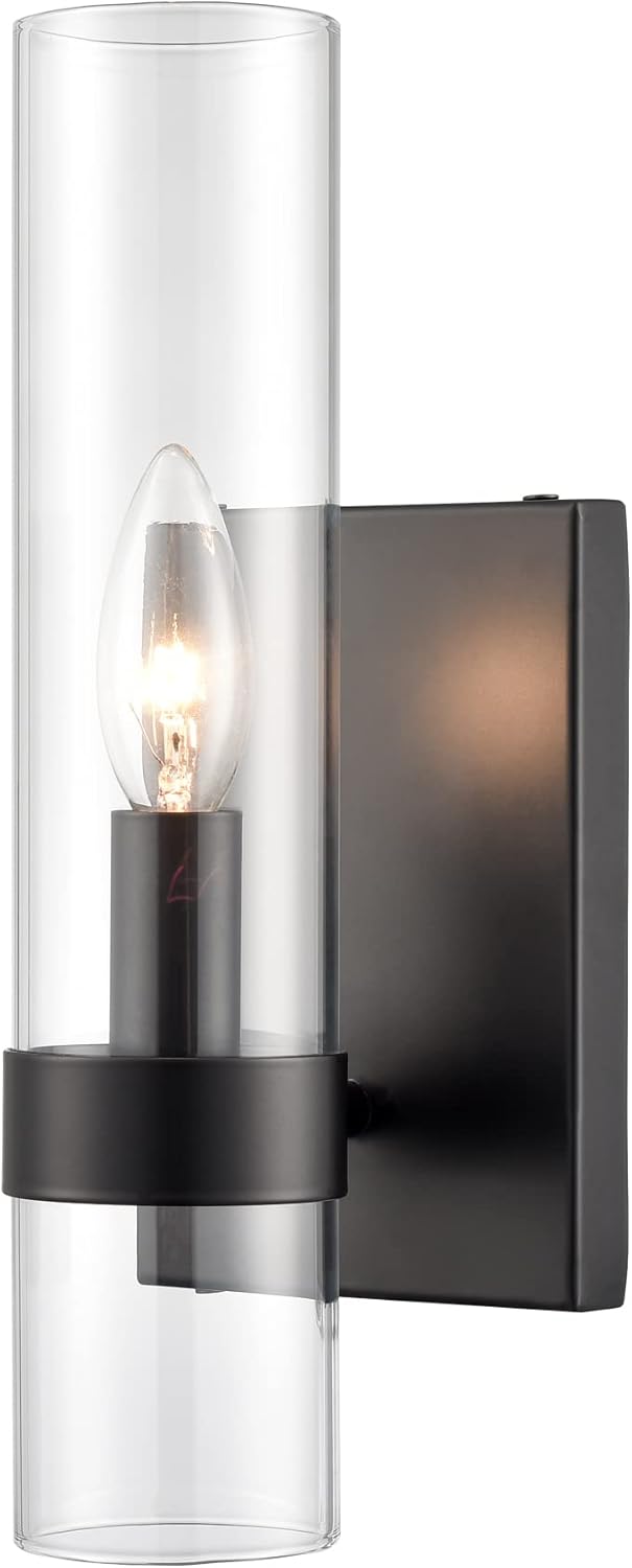 JEENKAE Modern Farmhouse Glass Cylinder Wall Sconce 1-Light Black Bathroom Vanity Lights Fixture