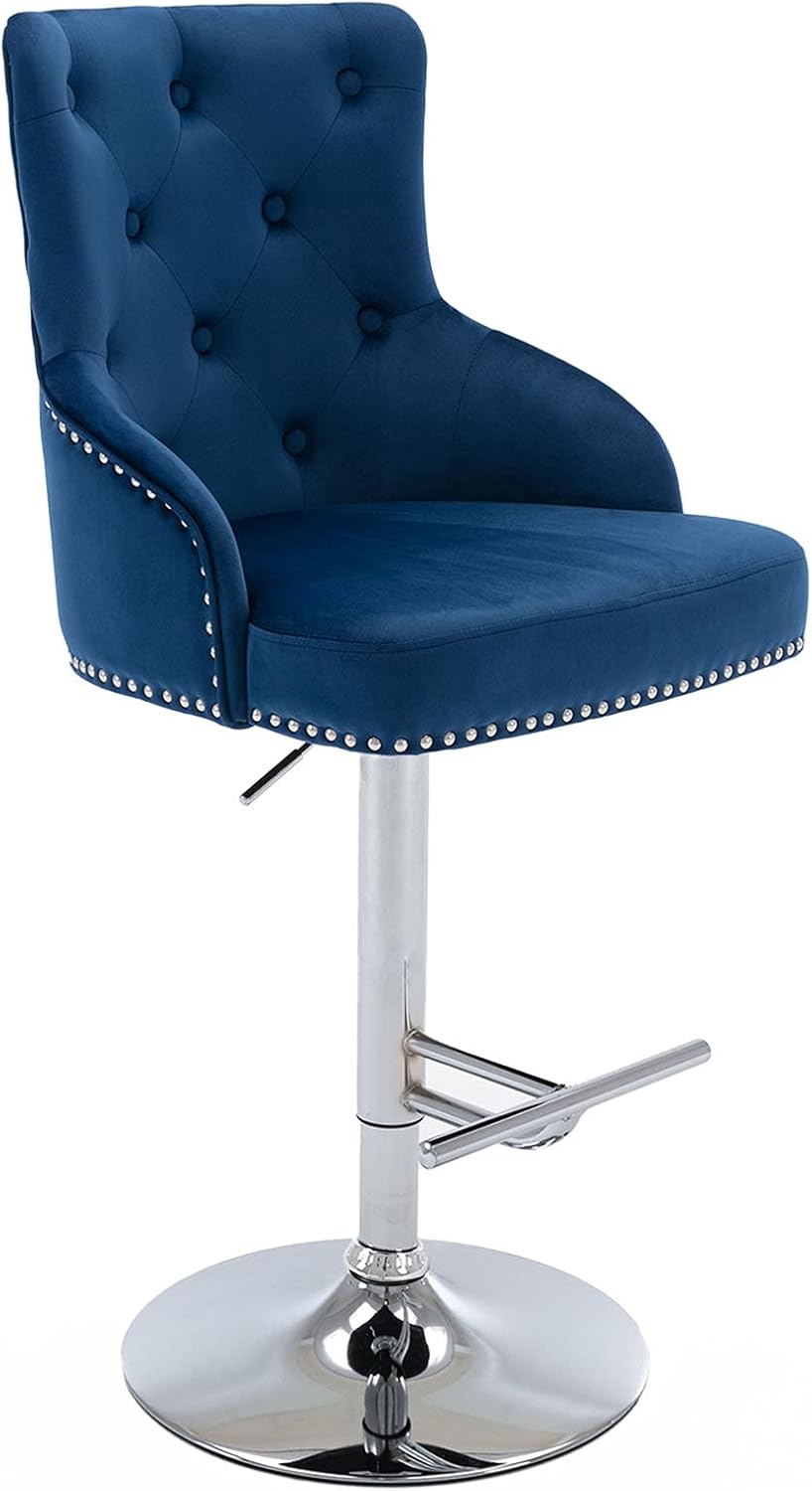 DMF Furniture Velvet Bar Stools Chairs with High Back Arms, Height Adjustable in Kitchen Dining Counter Room Fabric Barstools (Sliver Base, Navy Blue)