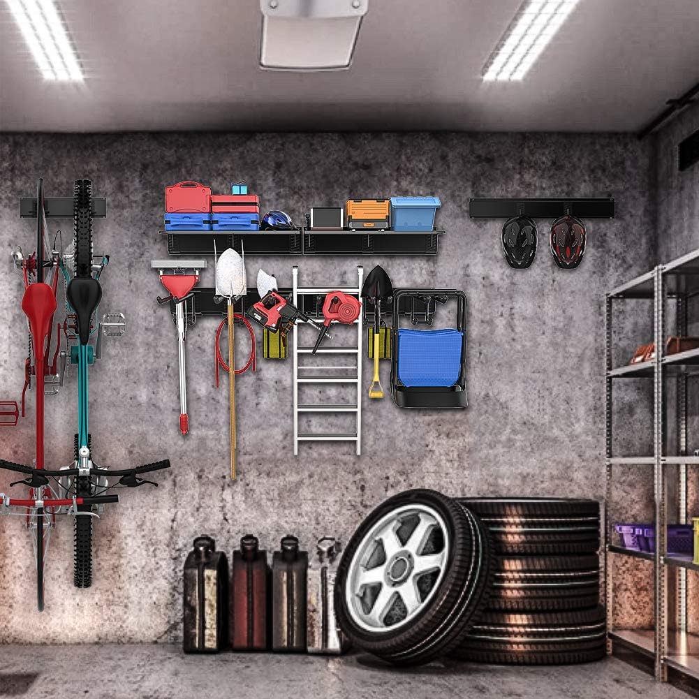 TORACK Garage Storage Organizer Systems, Wall Mount Overhead Shelving, 48 inch Heavy Duty Steel Racks, 6-Pack 12'' Double Hooks, 48 inch by 7 inch Floating Shelves, up to 1200Ibs