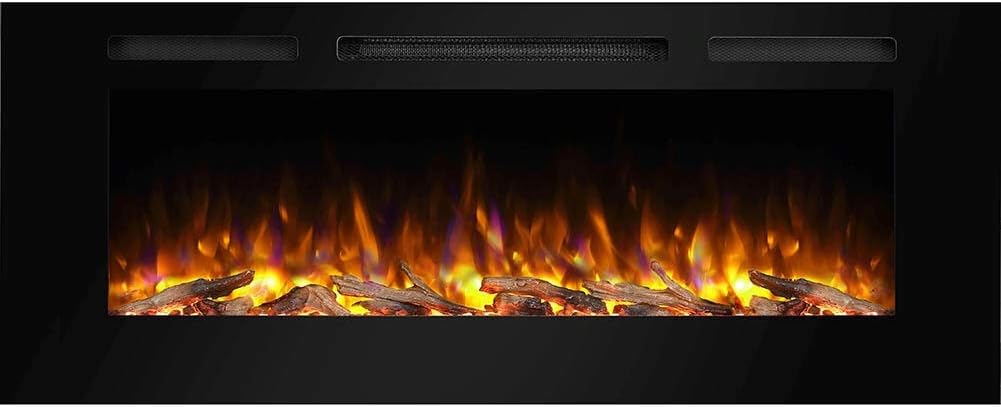 PuraFlame Alice 50 Inches Recessed Electric Fireplace, Flush Mounted for 2 X 6 Stud, Log Set & Crystal, 1500W Heater, Black
