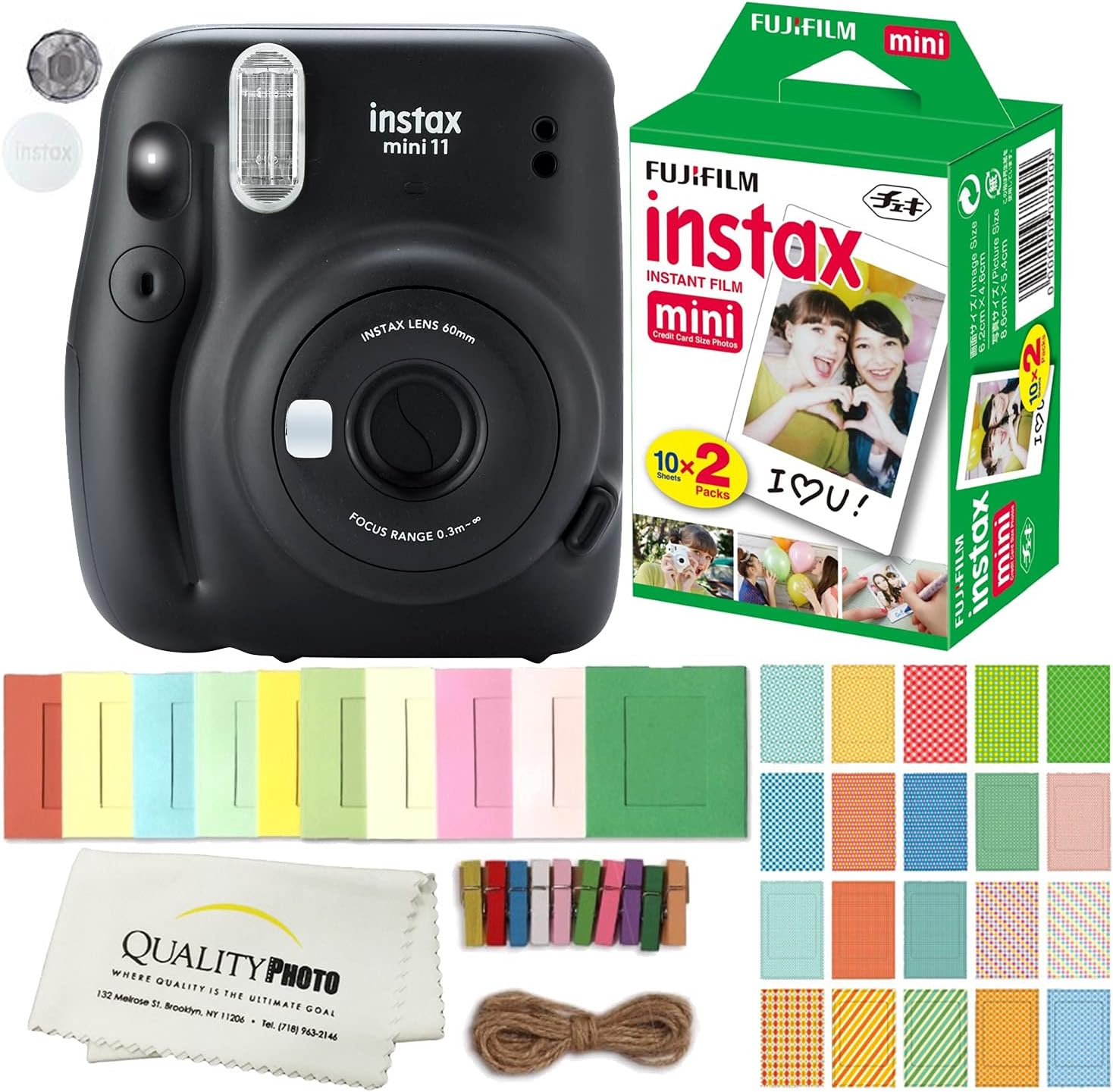 FUJIFILM INSTAX Mini 11 Instant Film Camera Plus Instax Film and Accessories Stickers, Hanging Frames and Microfiber Cloth (Blush Pink)