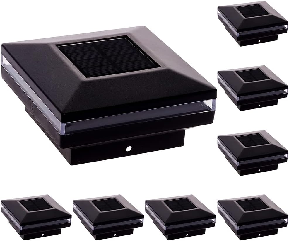 GreenLighting Revolve Solar Post Cap Lights - 4x4 Post Caps Outdoor Post Lights Waterproof - 4x4 Post Solar Lights and Deck Post Lights fit 4x4 5x5 Vinyl PVC Fence Post (Black, 8 Pack)