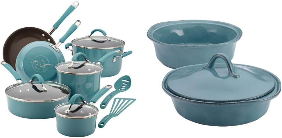 Rachael Ray Cucina Nonstick Cookware Pots and Pans Set, 12 Piece, Agave Blue