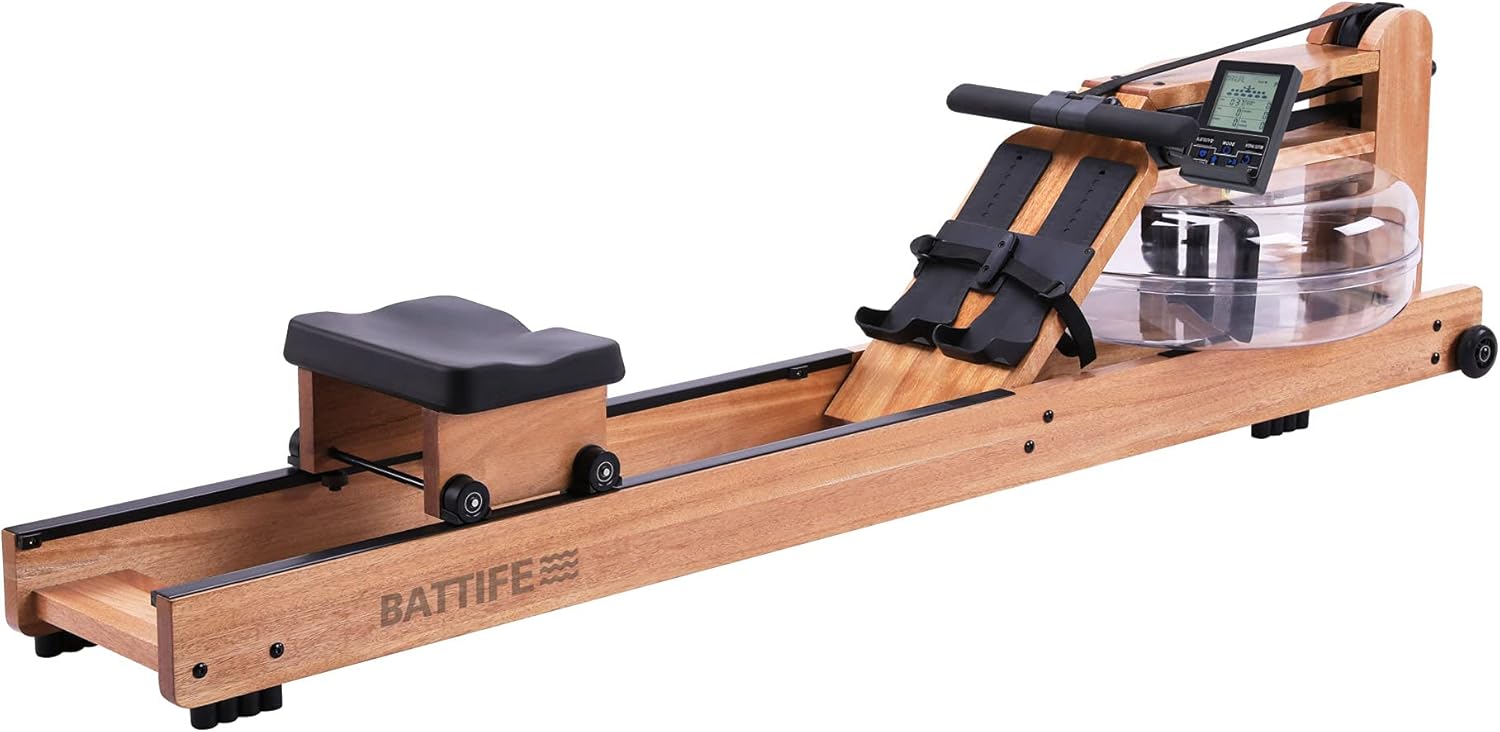 BATTIFE Water Rowing Machine with Bluetooth Monitor | Solid Wood Rowers Machine for Home Gyms Use | Included Electric Pump and Dust Cover