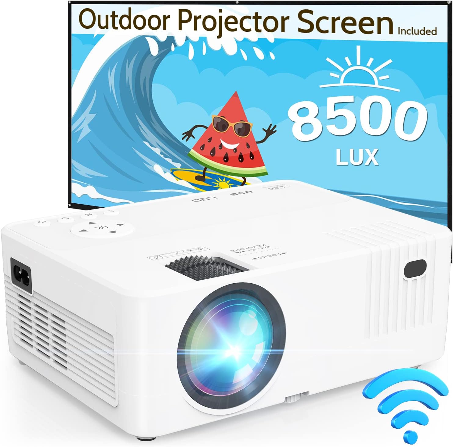 Projector with WiFi, 8500 Lux Outdoor Projector and Screen Packages, 1080P Mini Movie Projector with Speaker for Outdoor/Indoor Use Compatible with TV Stick, Video Games, HDMI, USB, AUX, AV
