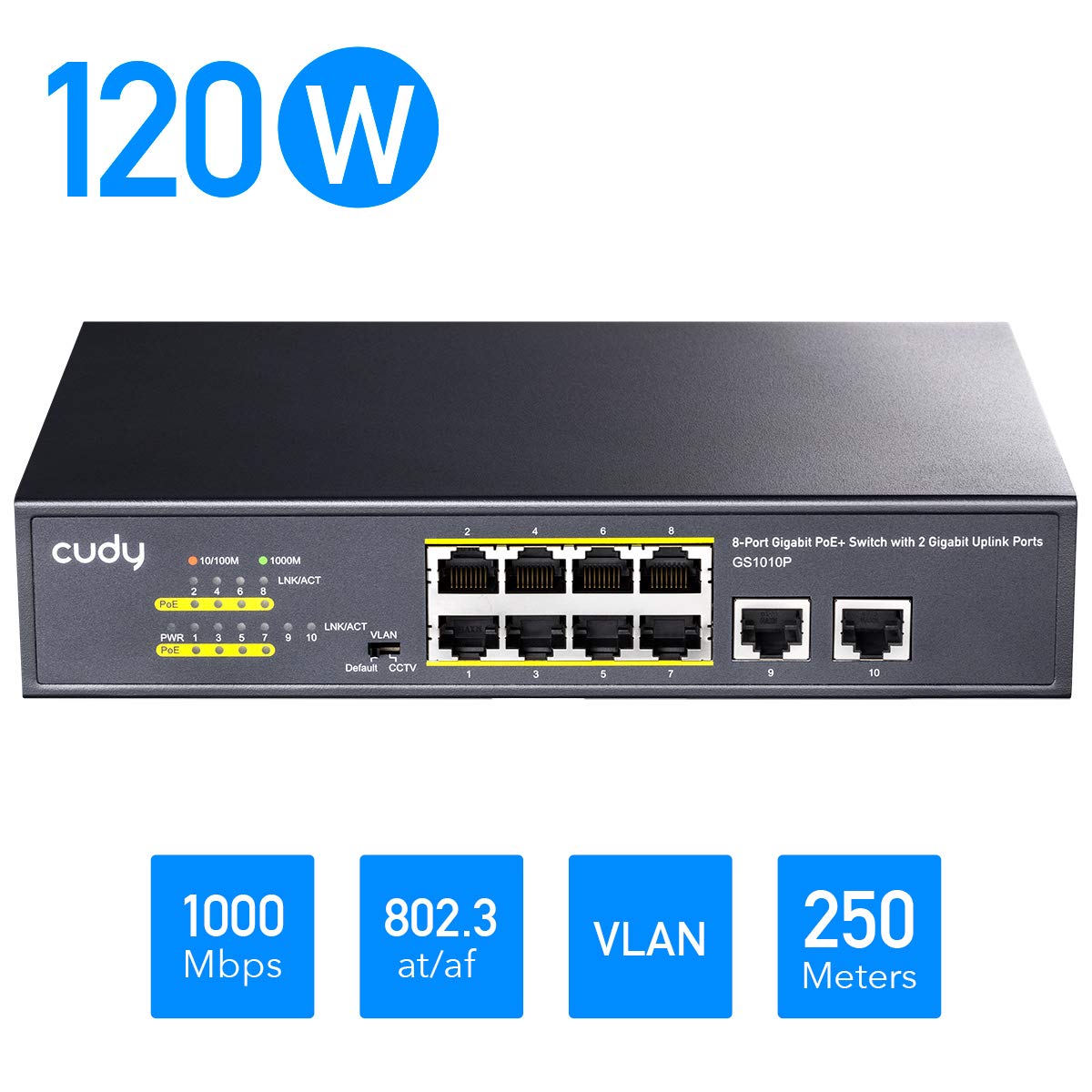 Cudy GS1010P 10-Port Gigabit Ethernet Unmanaged PoE Switch, with 8 x PoE+ @ 120W, Desktop/Rackmount, CCTV/VLAN Mode, 802.3af/ 802.3at, Plug and Play Pack of 2