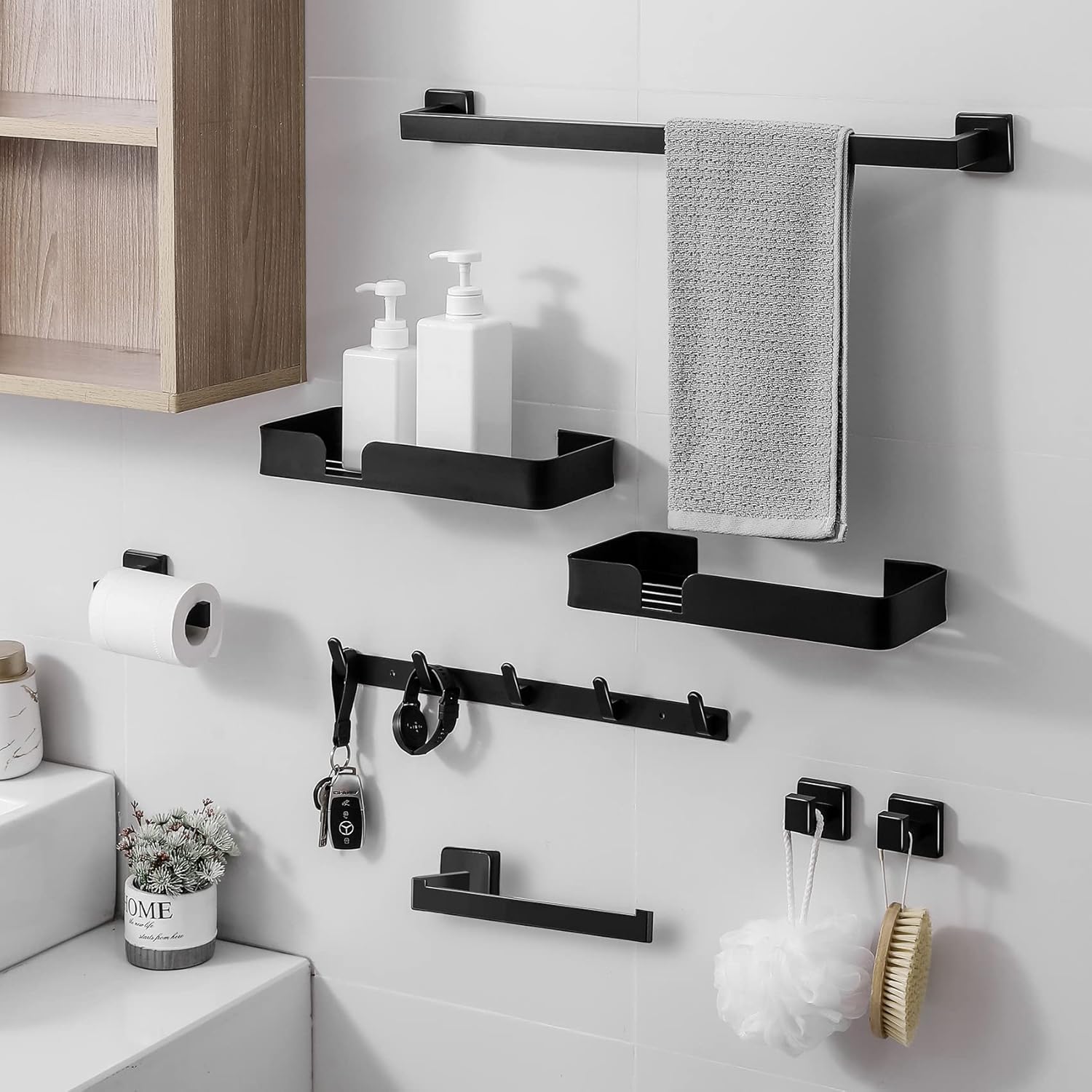 Rinafly 8 Pieces Bathroom Hardware Accessories Set Matte Black Towel Bar Set Wall Mounted, Premium SUS304 Stainless Steel,23.6-Inch.