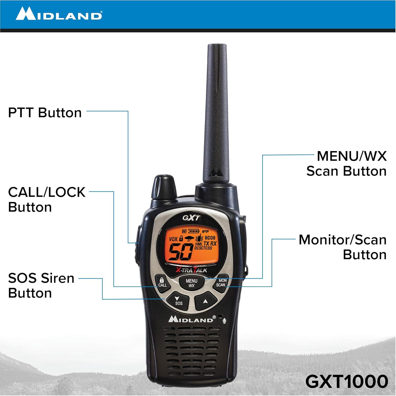 Midland GXT1000VP4 50 Channel GMRS Two-Way Radio - Up to 36 Mile Range Walkie Talkie - Black/Silver (Pack of 4)
