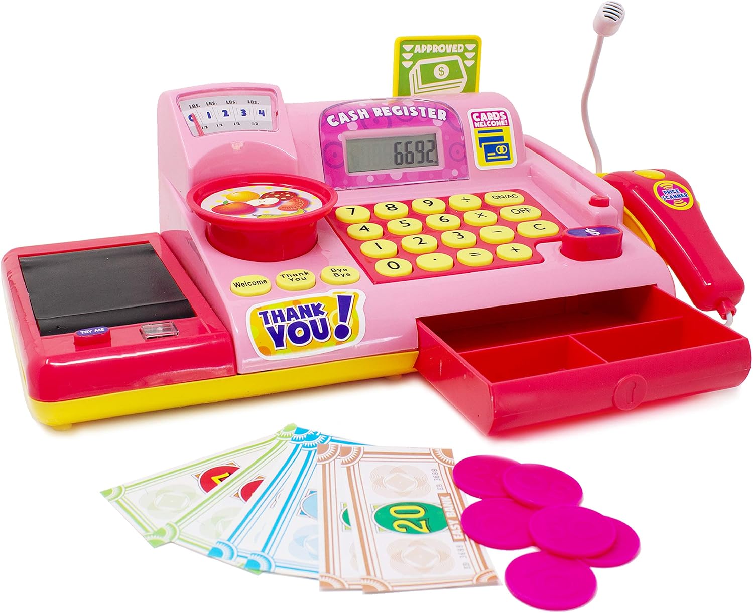 Boley Pink Toy Cash Register Playset - 19pc Kids Play Cash Register with Scanner and Credit Card Reader Pack of 2