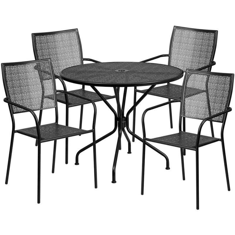 Ergode 35.25&& Round Black Indoor-Outdoor Steel Patio Table Set with 4 Square Back Chairs