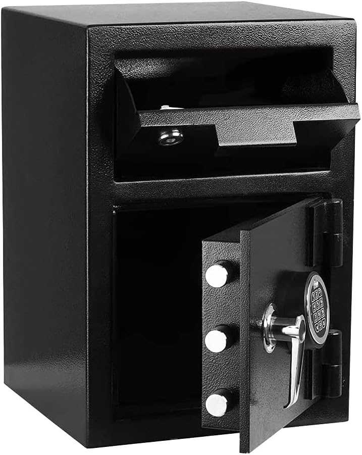 GREENVELLY Depository Safe with Drop Slot, Drop Safe with Electronic Code Lock, Metal Depository Safe with Dual Key Lock, Cash Depository Box for Office Home and Hotel Black
