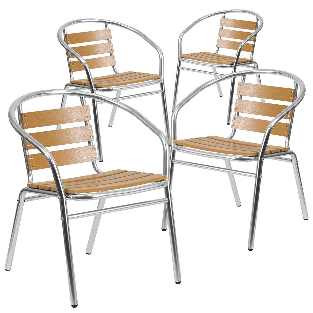 Flash Furniture 4 Pk. Aluminum Commercial Indoor-Outdoor Restaurant Stack Chair with Triple Slat Faux Teak Back