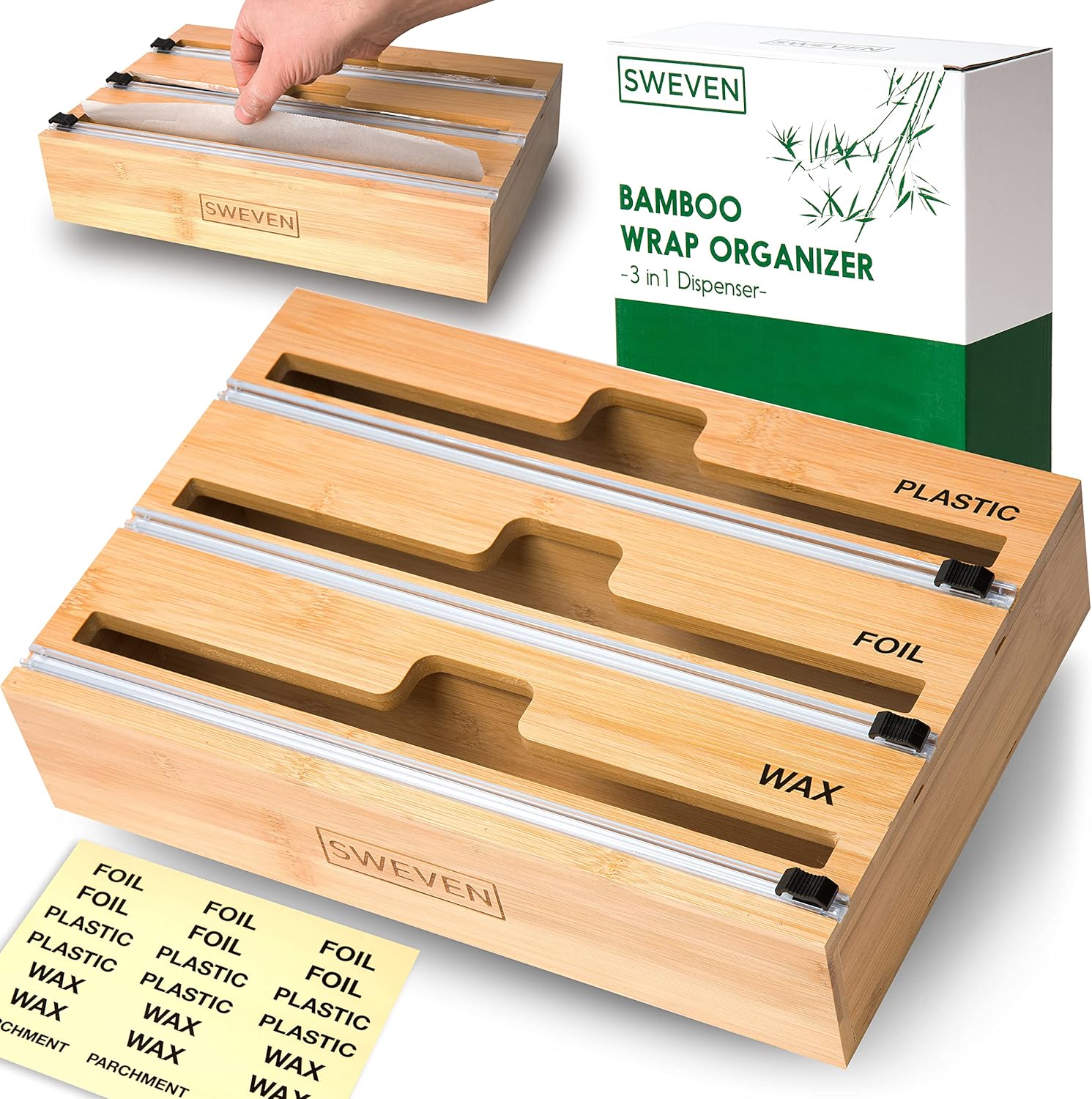 Plastic Wrap Organizer for drawer | Saran Wrap, Aluminum Foil, Wax Paper and Plastic Wrap Dispenser with Cutter | Perfect Kitchen Organizer | Labels Included | Compatible with 12